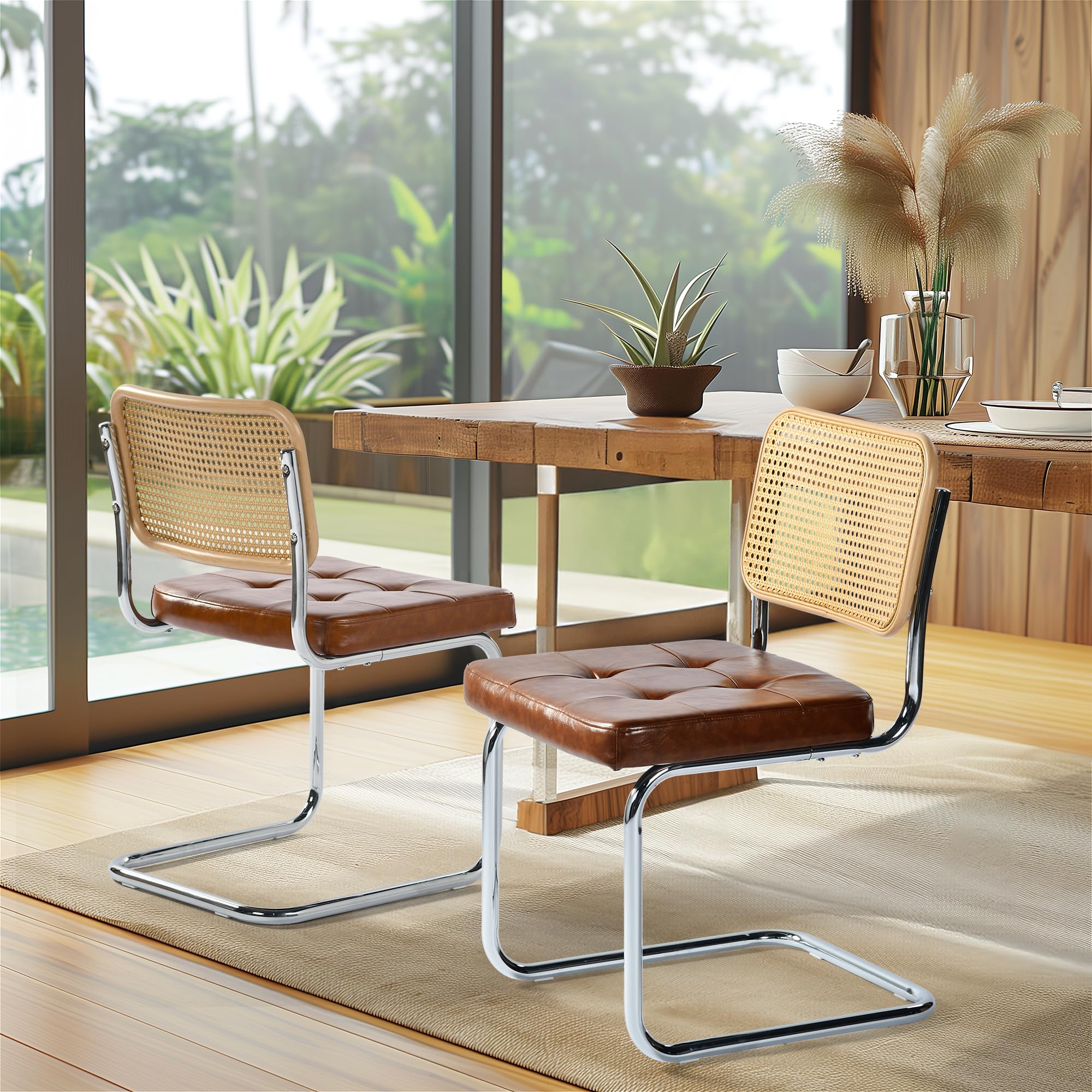 EGGREE 4er-Pack Rattan-Esszimmerstühle mit PU-Kissen und Galvanisierten Eisenbeinen für Konferenzräume, Büros, Esszimmer, R04-Braun