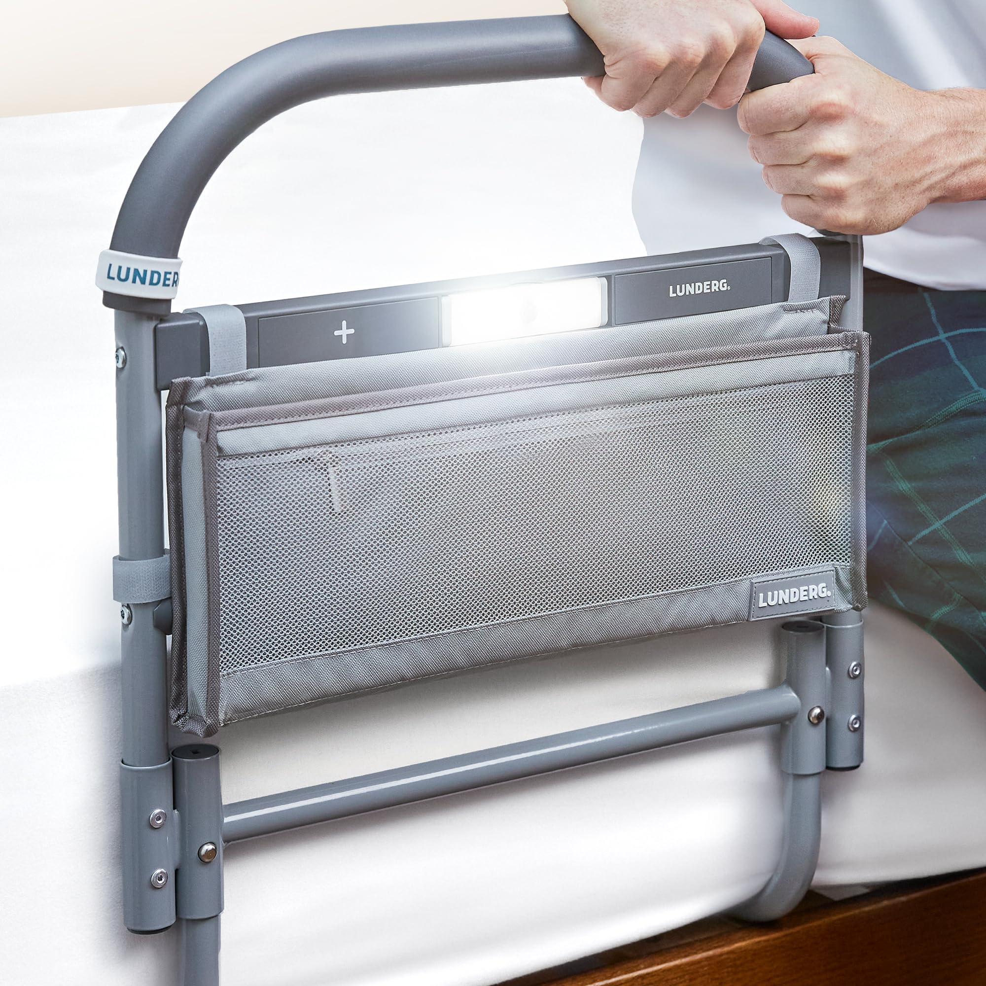 lunderg bed rails for elderly adults safety - large - with motion light, storage pocket & non-slip handle bar - bed railings for seniors & surgery patients - the bedside assist help getting in & out