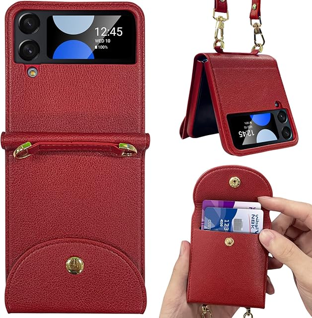Vizvera Card Case Compatible with Samsung Galaxy Z Flip 4,Flip Card Pouch Cover Soft Leather+PC Case with Hand Holder Long Shoulder Strap for Samsung Galaxy Z Flip 4 5G 2022-Red