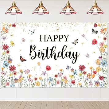 Avezano Wildflower Birthday Banner Wildflower Happy Birthday Party Decorations for Girls Backdrop Spring Butterfly Floral B-day Party Supplies 6x3.6ft
