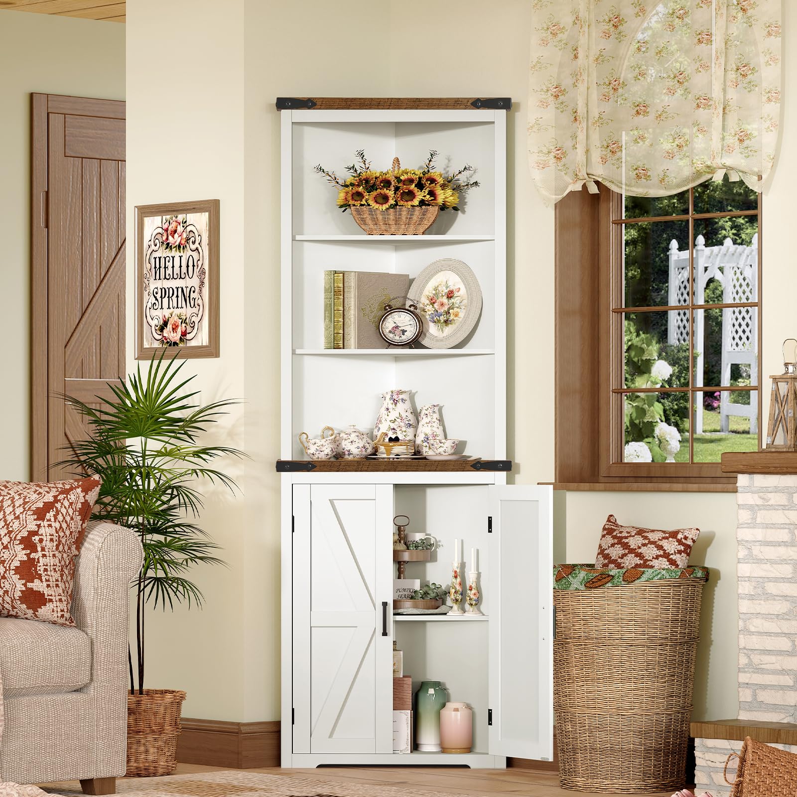 TEENFON 178cm Tall Sideboard with 2 Barn Doors, Freestanding Buffet Cabinet Unit with Adjustable Shelves, 5-Tier Storage Cupboard for Dining Room, Kitchen, Living Room, White