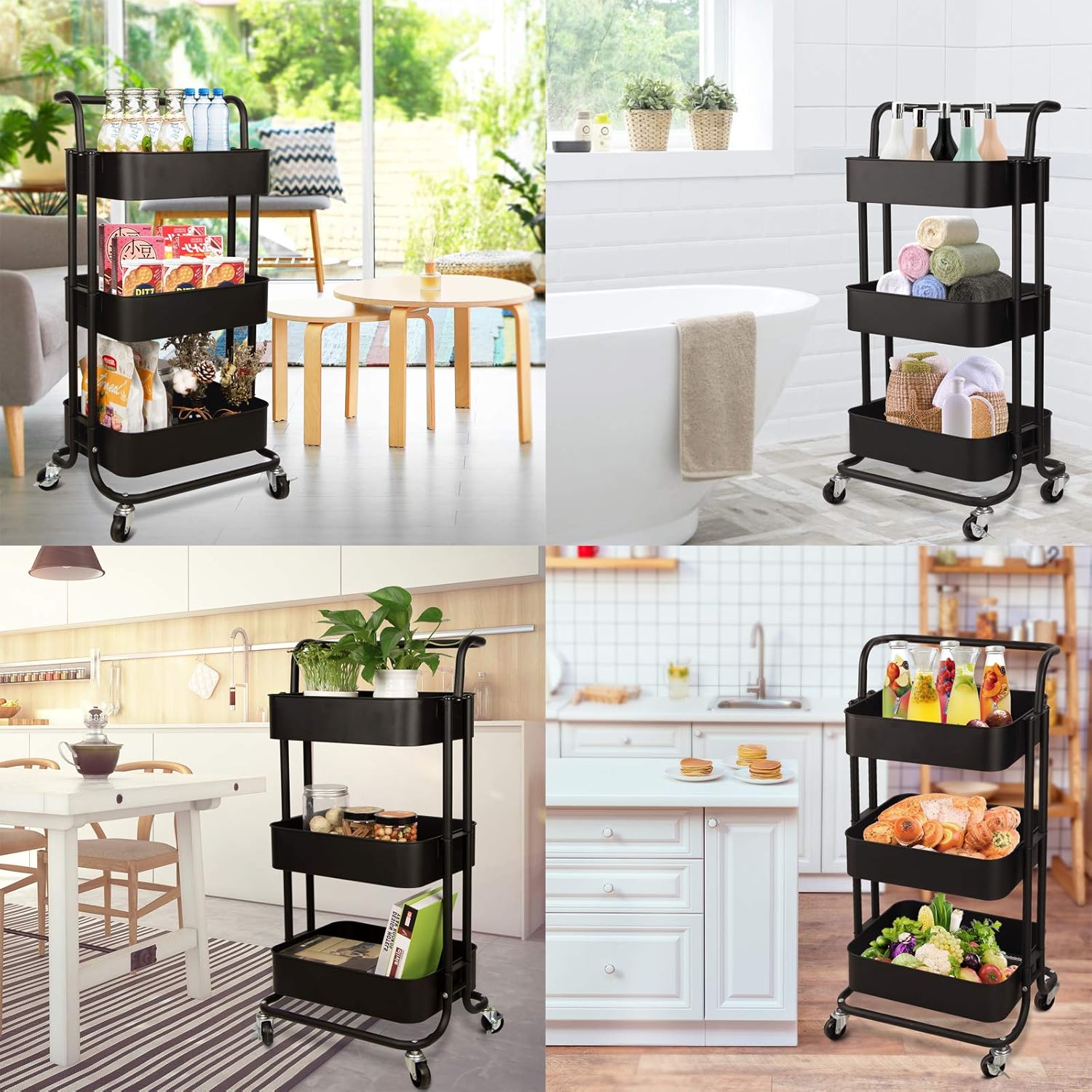 Amazon キッチンワゴン 収納ワゴン ベビーワゴン 台所収納 収納カート バスケットラック 炊飯器 ホームベーカリー トローリー 整理棚 キャスター付き 移動式 ３段 組立簡単 スチール製 頑丈 メッシュ 全体耐重45kg 幅43ｘ奥行33 5x高さ86cm ブラック キッチンワゴン