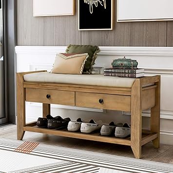 LUMISOL Storage Bench, Shoe Rack with Upholstered Seat and 2 Drawers, Solid Wood Entryway Storage Bench with Shoe Rack for Entryway, Living Room, Bedroom, Old Pine