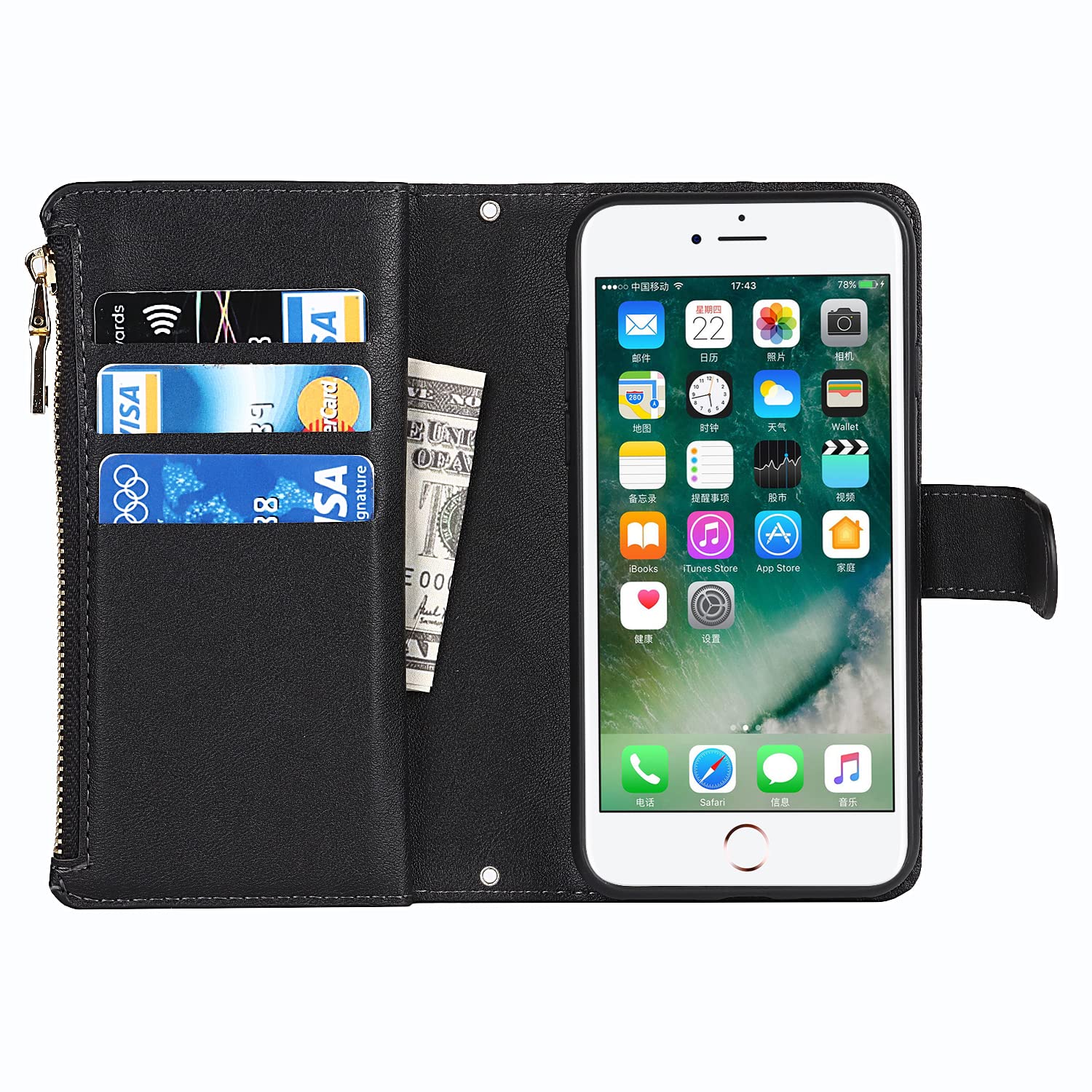 Cavor Cover Compatibile Con iPhone 7/8/SE 2020/2022 con Cordino,Flip Portafoglio Custodia pelle,[9 Porta Carte][Magnetico],Custodia Cover con Laccio Compatibile Con iPhone 7/8 - Nero