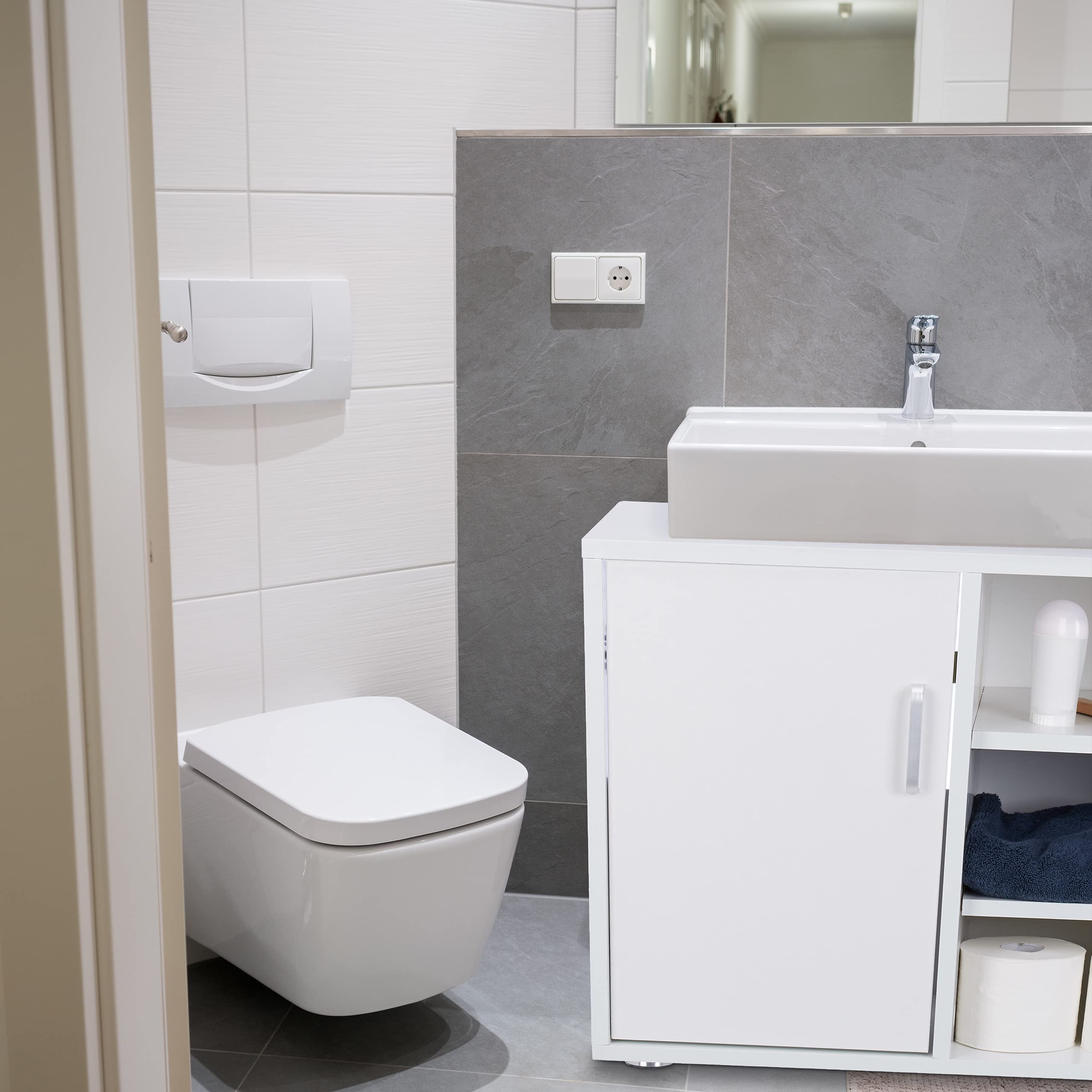 Relaxdays Mobile sotto-Lavabo, Mobiletto per Lavandino Bagno, 3 Ripiani, Armadietto, Anta Singola, Legno MDF, Bianco, 51x60x32 cm