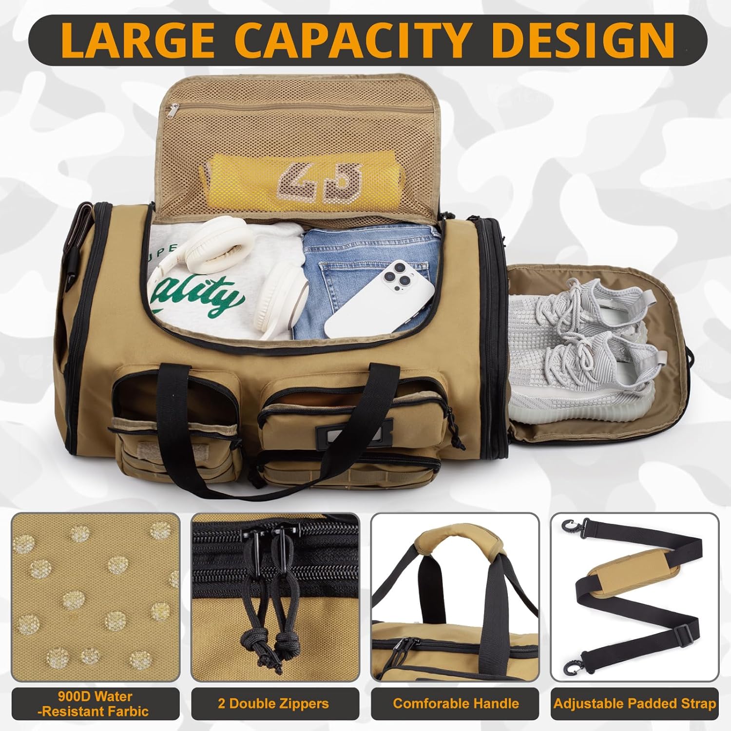 Expandable Gym Bag For Men,Tactical Large 3 in 1 Sports Duffle Bag With Shoes Compartment,Water Resistant Sports Gym Tote Bags Multi-functional Weekend Travel Backpack Overnight Bag - Image 3