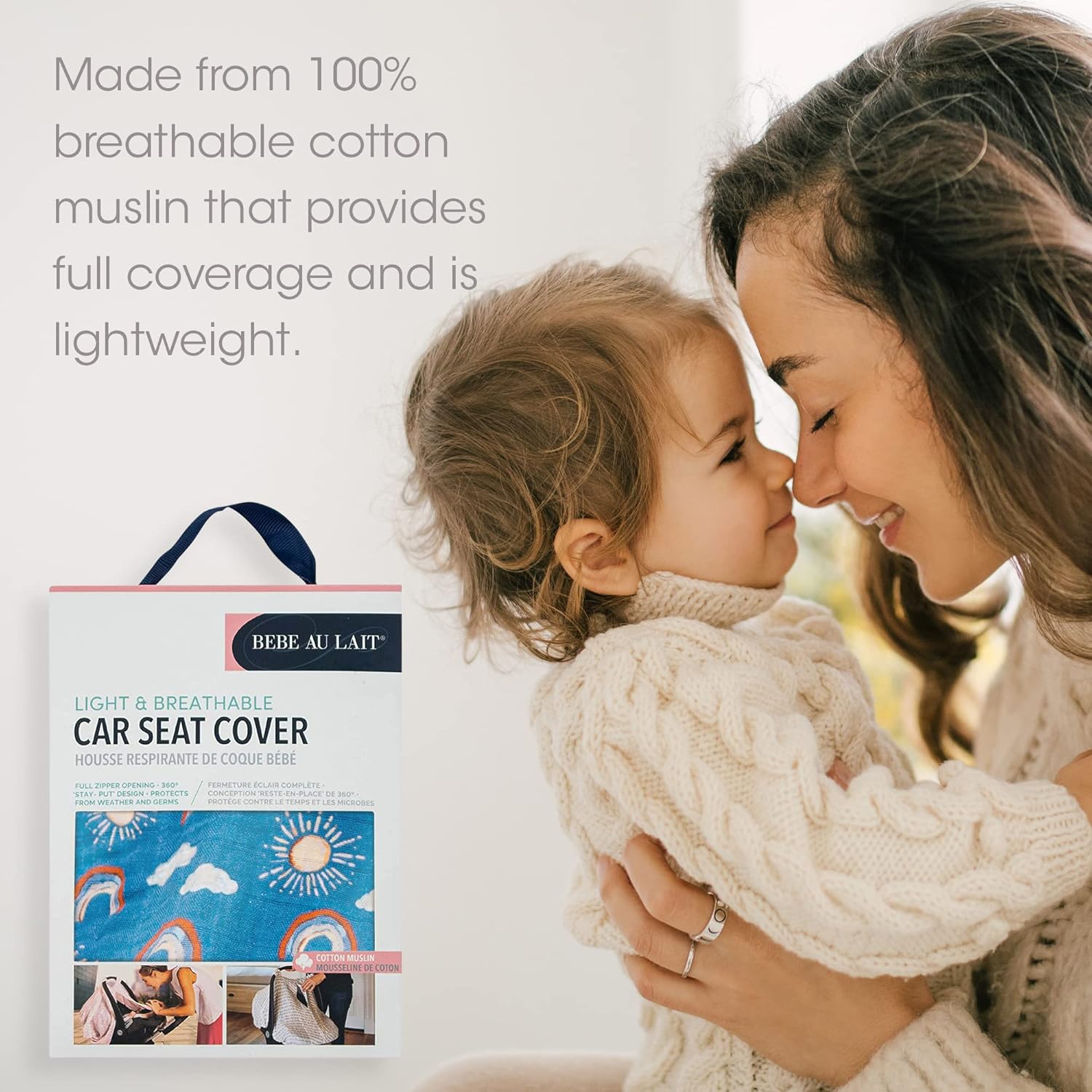 Bebe au Lait Classic Muslin Car Seat Cover -Perfect Baby Car Seat Covers for Babies, Car Seat Canopy, Unisex Baby Car Seat Cover- Easy Snap Straps, Fully Zippered Opening, Breathable- Hello Sunshine