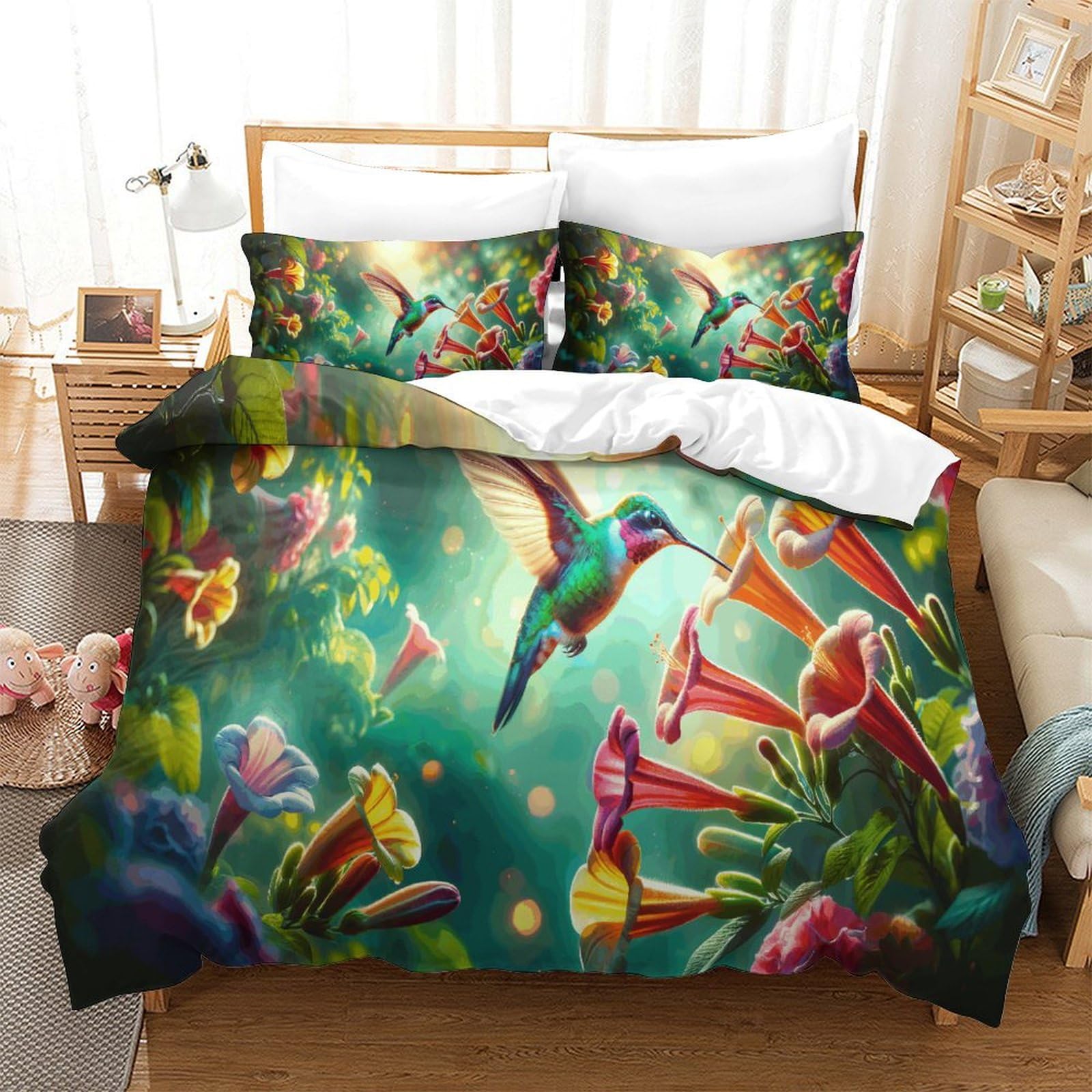 Housse de couette hypoallergénique en microfibre douce motif oiseaux 260x220