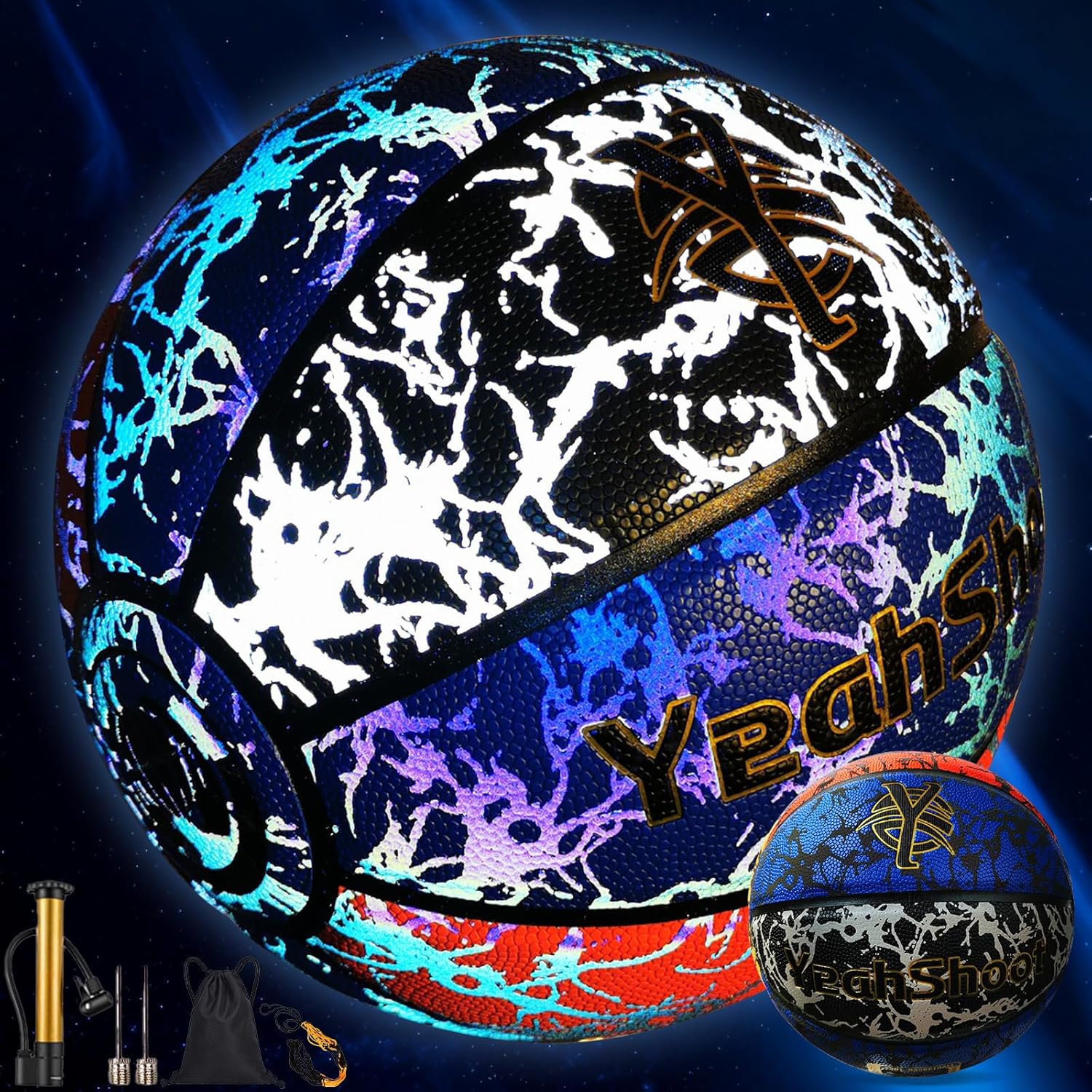 Glow in The Dark Basketball Holographic Reflective Basketball, 29.5 Inch, Glow Ball Design, Light Up Youth Basketball with Pump