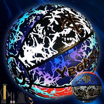 Glow in The Dark Basketball Holographic Reflective Basketball, 29.5 Inch, Glow Ball Design, Light Up Youth Basketball with Pump