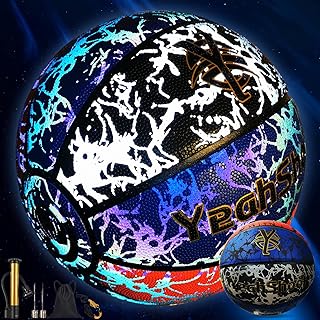 Reflective Basketball, 29.5 Inch, Glow in Dark Design, Light Up Youth Basketball with Pump, Blue Yellow White
