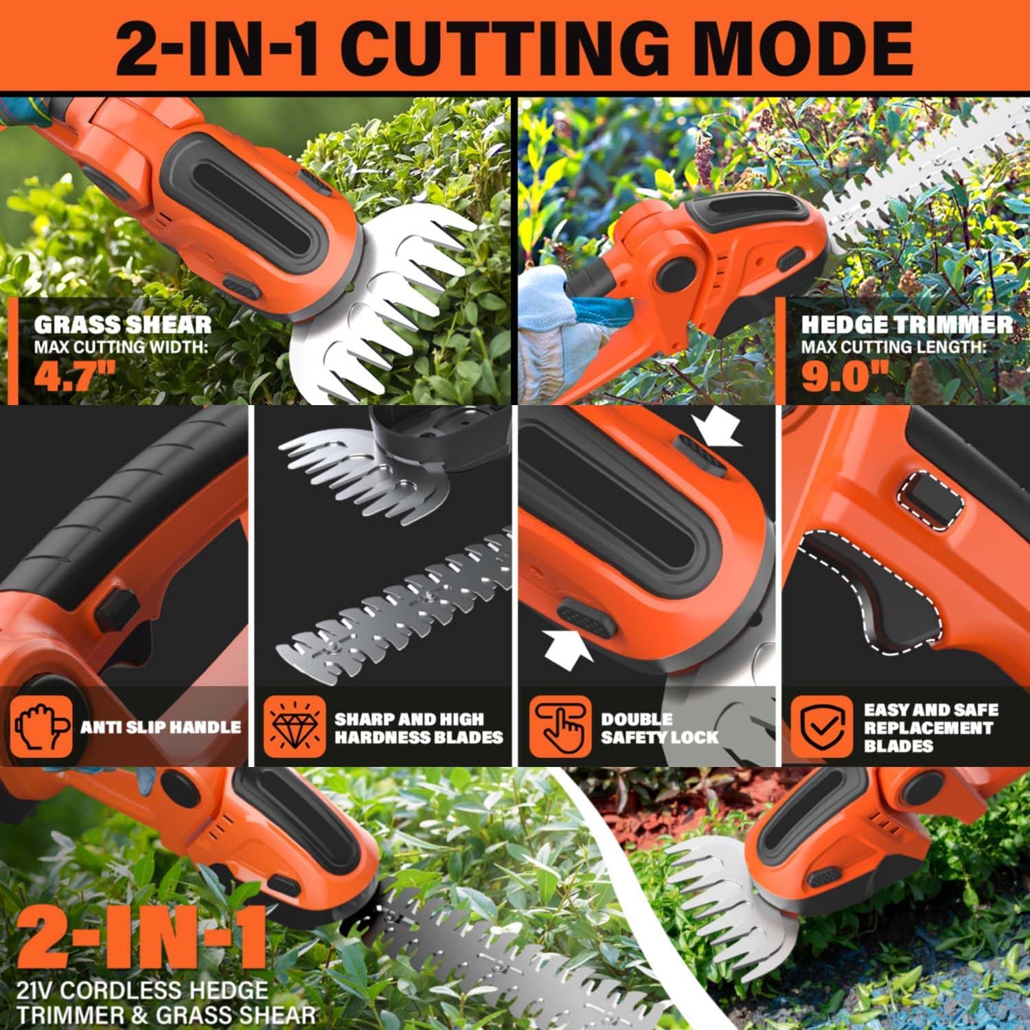 Cordless Hedge Trimmer， Hedge Cutter & Grass Shear，with 2 x 1500mAh Batteries， 22cm Long Blade + 13cm Wide Blade