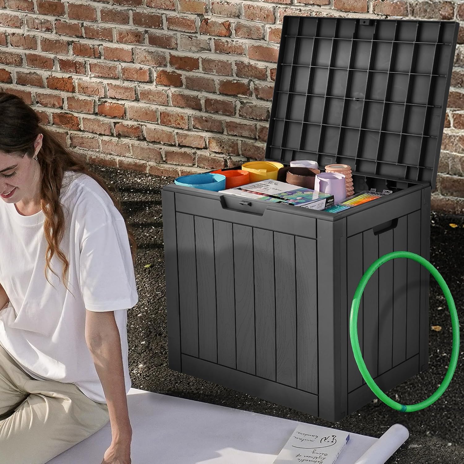 DWVO 30 Gallon Outdoor Storage Box with Side Handles and Lockable Lid, Weatherproof Resin Deck Box for Patio, Cushions, Garden Tools, and Supplies - Black