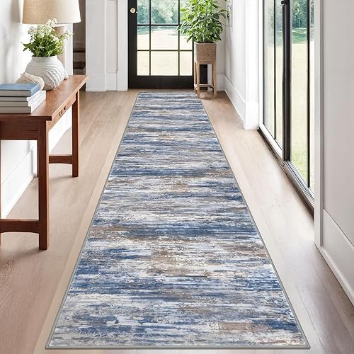 Miniatura 32 de KOZYFLY Alfombra moderna abstracta lavable de 2.6 x 10 pies, antideslizante, suave, alfombra de camino de cocina, alfombra a rayas azules óxido para