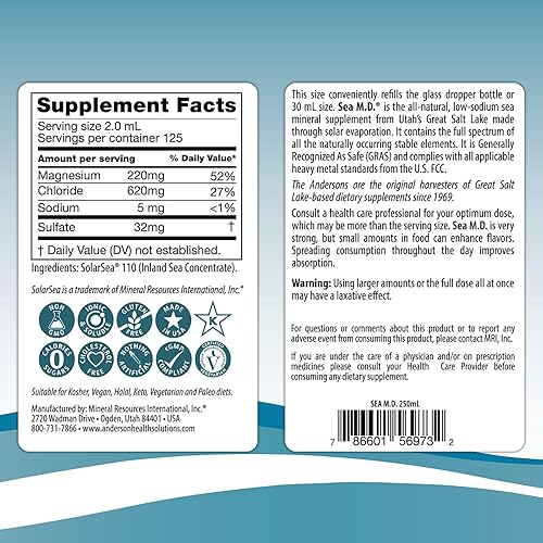 Miniatura 7 de Anderson Sea M.D. Gotas minerales concentradas, suplemento de electrolito iónico y magnesio, ayuda a calambres musculares, magnesio líquido y