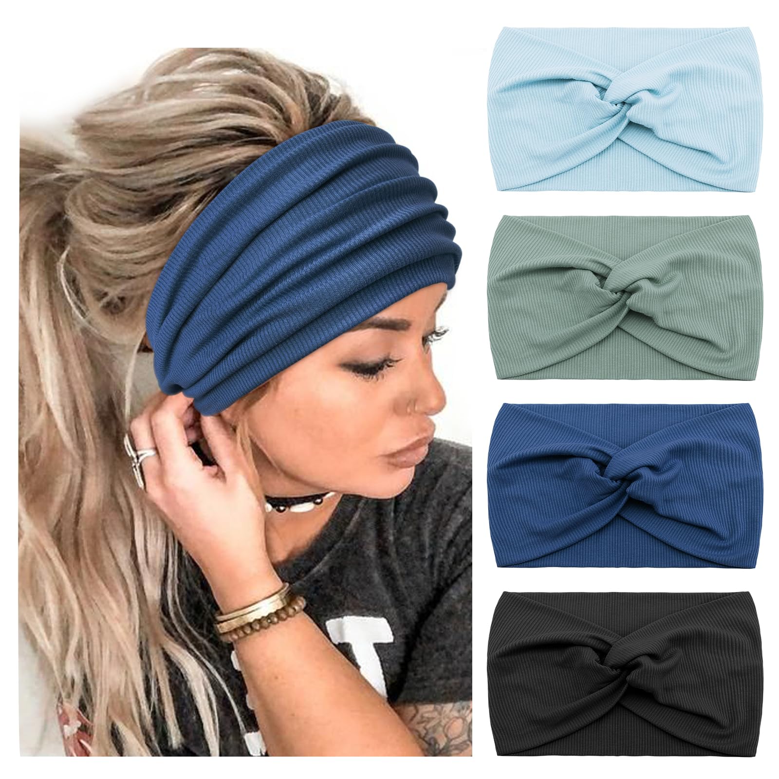 DRESHOW 4 Stück Damen Stirnband Elastische Weiche Stirnbänder Kopfband Haarband Kopf Wickeln Niedlich Haarschmuck für Alltag Yoga Sport Fitness