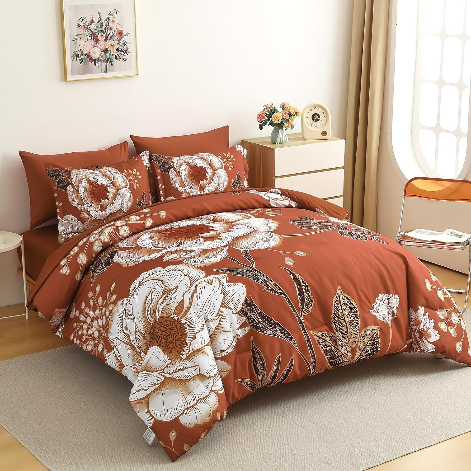 Luxudecor Floral Comforter Set Queen Size 7 Pieces Bed in a Bag,Flower Print on Terracotta Bedding Set,Soft Microfiber Bedding Set for All Season (Terracotta,90"x90") - Image 2
