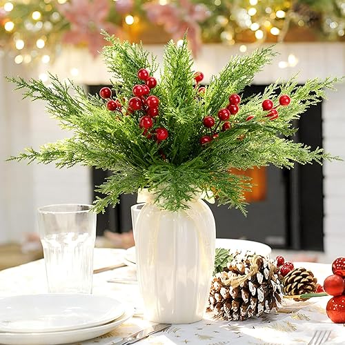 Vista 4 de 30 Pcs/Set Christmas 3D Artificial Pine Branches- 12.5 Inch Faux Evergreen Cedar Sprigs Branches- Fake Foliage Pine Needles Picks with Artificial