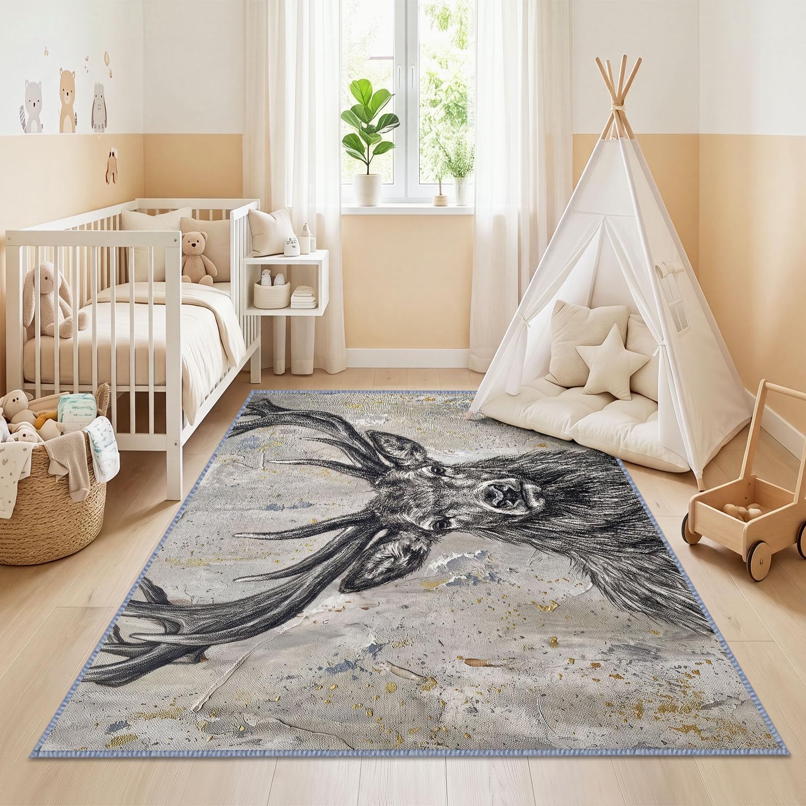 Générique Ręcznie malowany dywan ze zwierzętami salon czarny jeleń, można prać w pralce 180 x 240 cm duży dywan z krótkim włosiem antypoślizgowy miękki dla dorosłych sypialnia jadalnia biuro