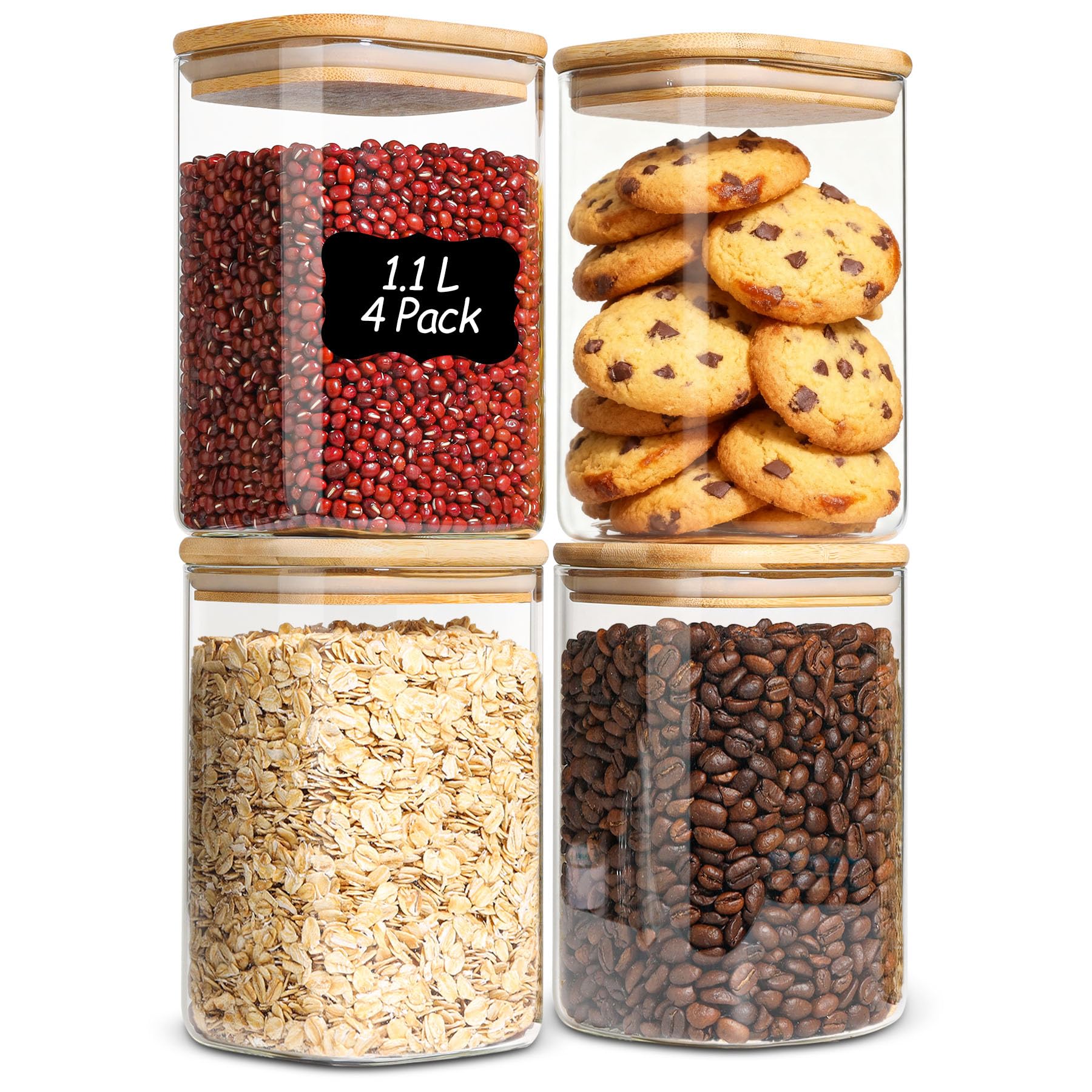 ComSaf 1.1L Glass Jars with Lid Set of 4, Square Storage Jar with Lids Airtight, Clear Pantry Kitchen Storage Container with Bamboo Lids for Noodles Flour Cereal Rice Sugar Tea Coffee Beans