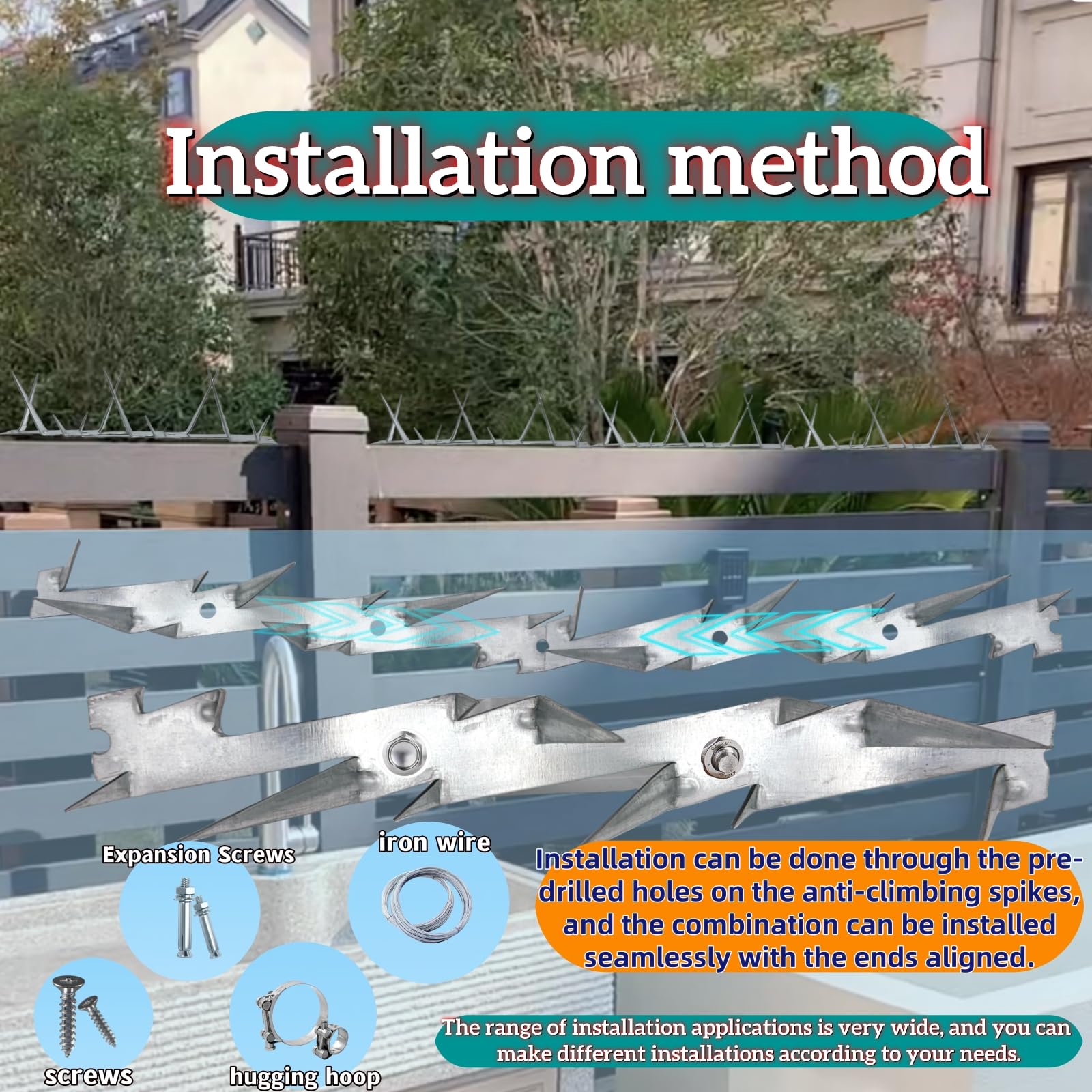 Púas para pájaros, 12 trompetas para pared exterior, valla disuasoria, púas de pared, ardillas, decoración de valla disuasoria, ladrón de animales, longitud completa, 16 pies, galvanizado en