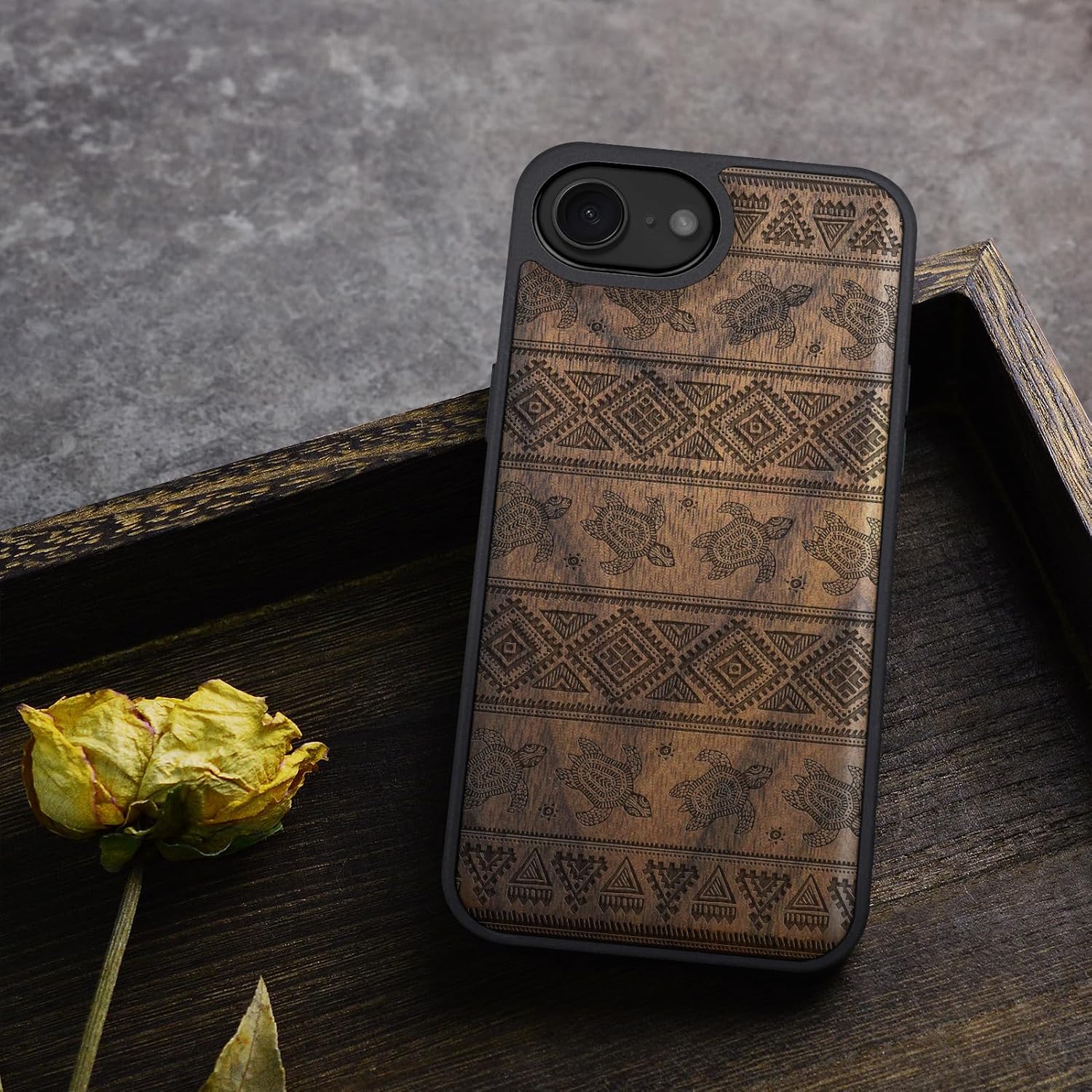 Carveit Magnetic Wooden Case for iPhone 16e / 17e, Solid Wood & Black TPU, Artisan Engraved Design, Shockproof Cover, Compatible with MagSafe Wireless Chargers, Aztec Sea Turtle - Walnut