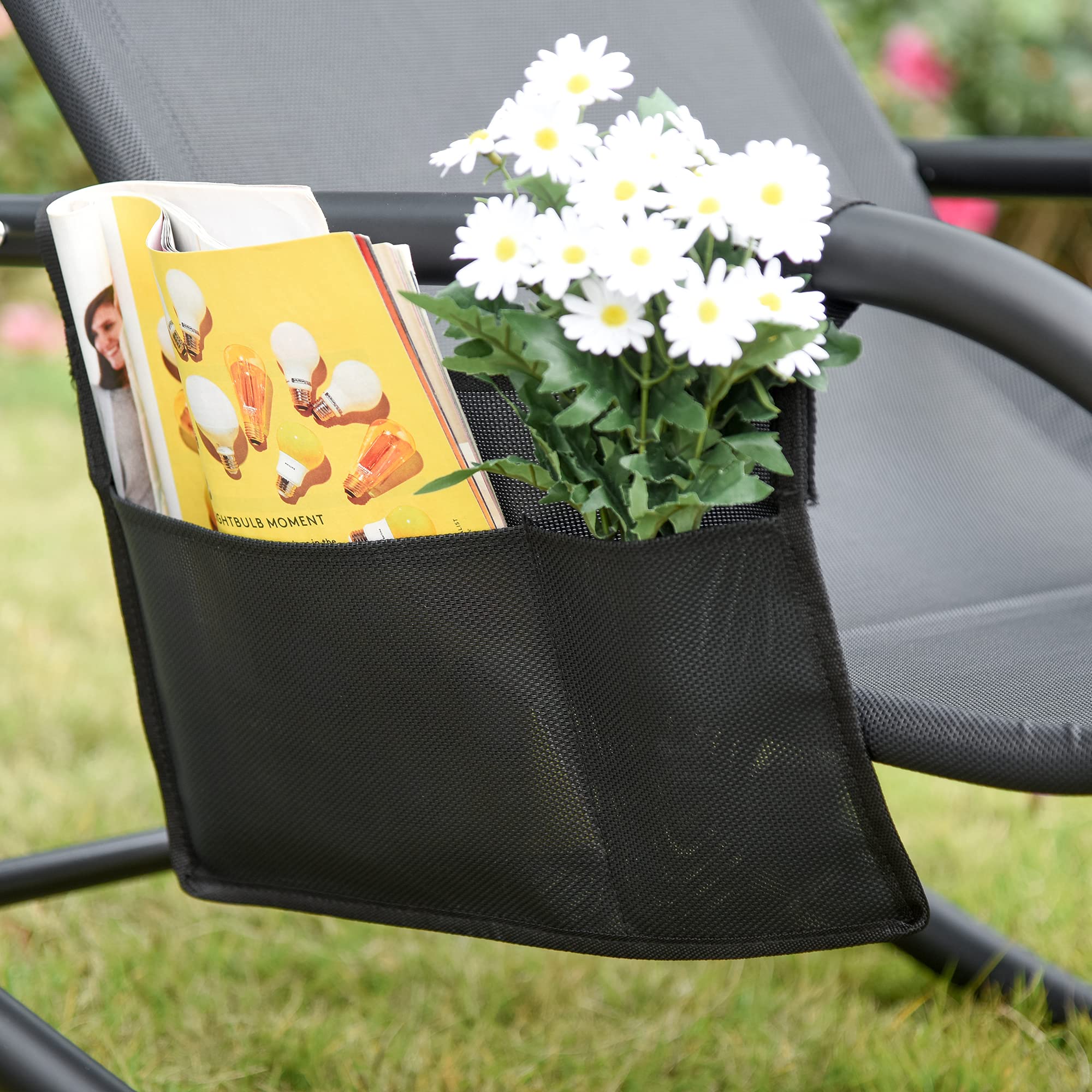 Outsunny Mecedora de Exterior Tumbona Mecedora con Reposabrazos Reposacabezas Acolchado y Bolsillo Lateral Carga 120 kg para Jardín Terraza Patio 150x62x88 cm Negro