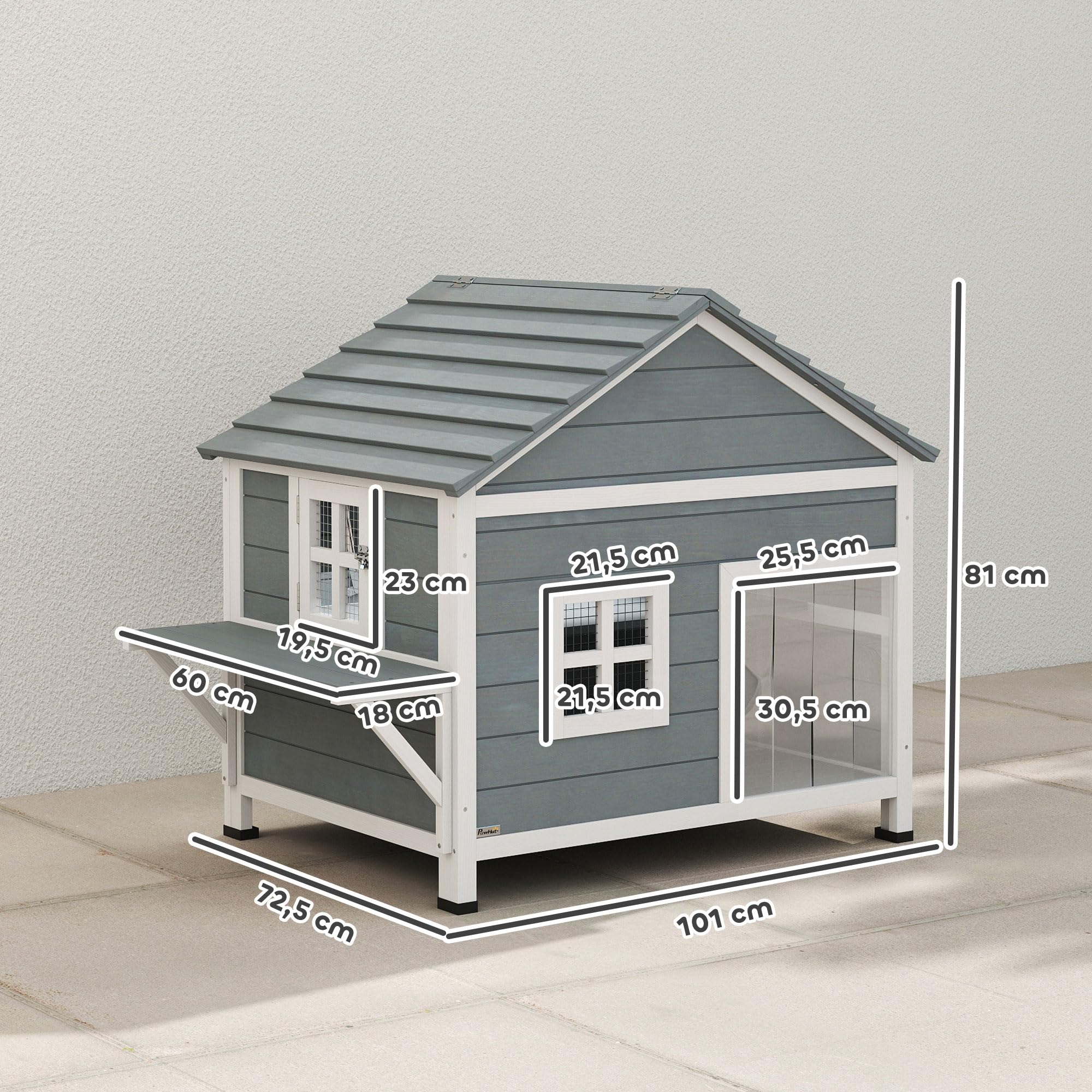 PawHut Domek dla kotów z drewna, 2 poziomy, zamykany wodoodporny dach, podwyższona podstawa, boczna platforma, okno, dla 1-2 kotów do 5 kg, 101 x 72,5 x 81 cm, Szary