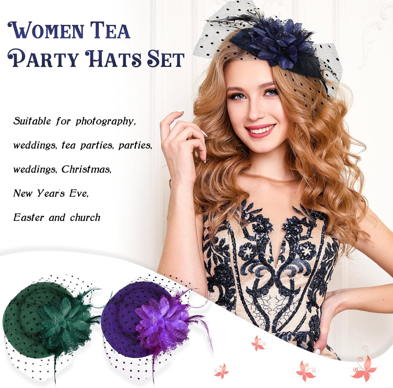 Jeyiour 15 Pcs Tea Party Hats for Women 20s Fascinators Pillbox Hats Headwear with Veil Flower Feathers for Wedding Church - Image 3