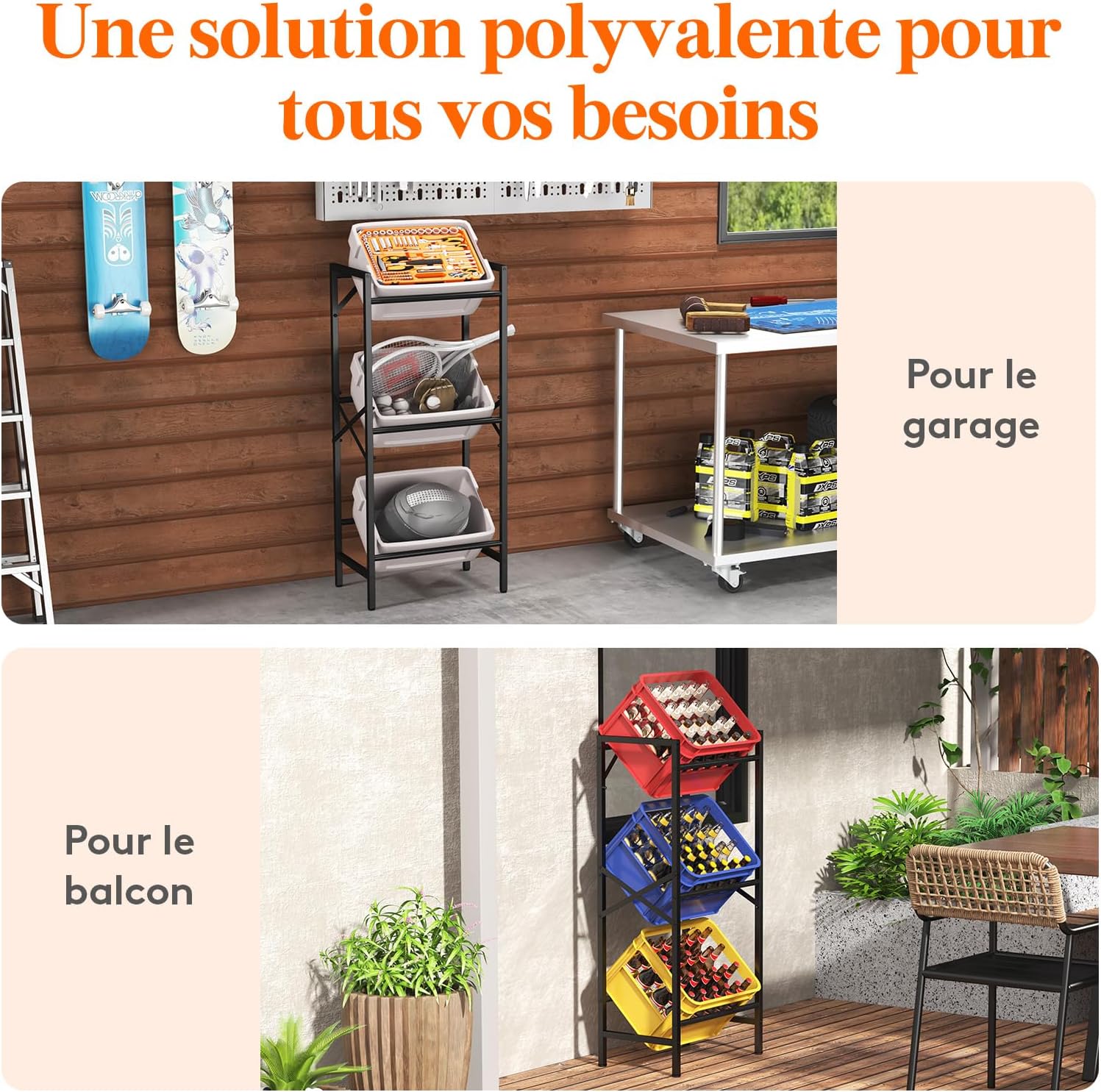 The beverage crate rack shown in a garage setting with sports equipment and on a balcony with plants, illustrating its versatile use.