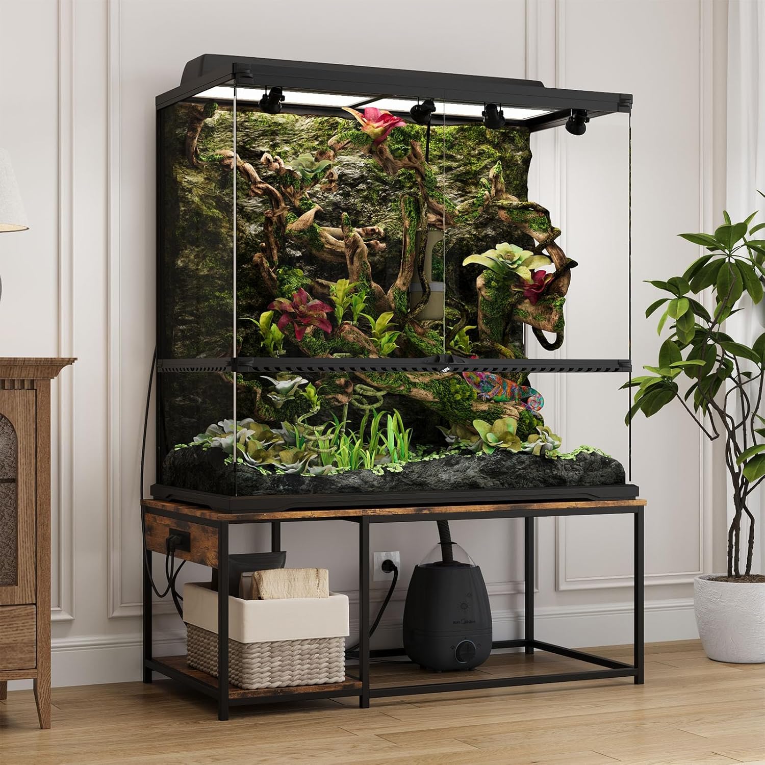 4x2x2 Reptile Enclosure Stand – 48"x24" Tall Reptile Tank Stand for 120 Gallon Aquarium Stand, Bearded Dragon Cage, Snake Enclosure & Stackable Terrarium with LED Light (Only the bottom stand)