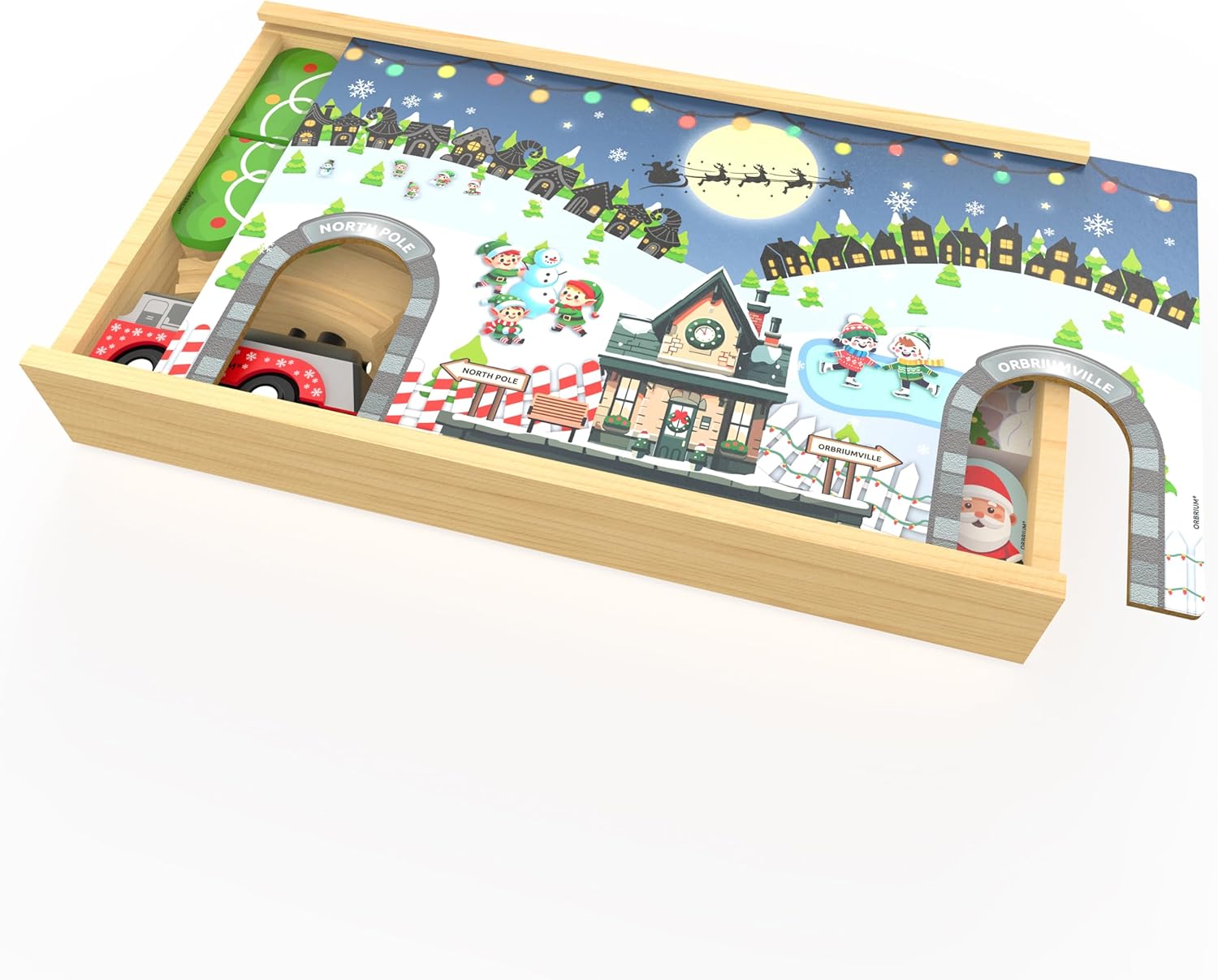 Wooden Christmas Train Set Battery Operated Motorized Engine with Light Santa Sleigh Reindeer Gingerbread Elf Christmas Tree Holiday Toy Wooden Train Set Gift for Grandkids Toddlers Boys Girls Kids