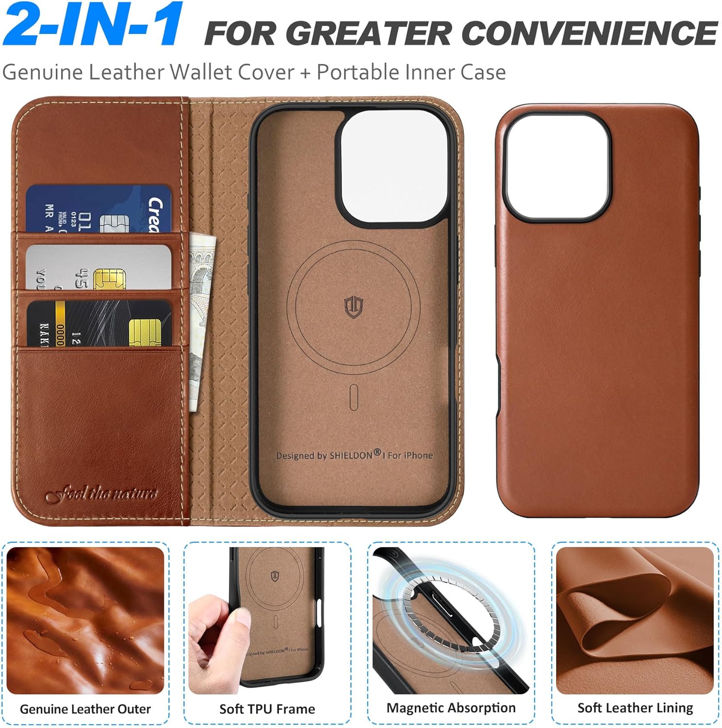 SHIELDON Case for iPhone 16 Pro Max 6.9", Genuine Leather 2 in 1 Wallet Kickstand RFID Blocking Card Holder Magnetic Shockproof Wireless Charging Case Compatible with iPhone 16 Pro Max - Retro Brown - Image 6