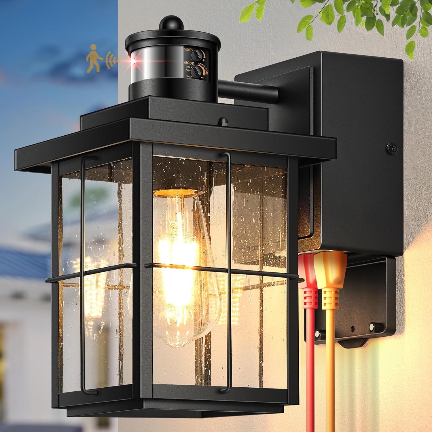 Gleamz Motion Sensor Outdoor Wall Light, Black Porch Light with GFCI Outlet, Waterproof Outdoor Light Fixture with Outlet, Front Door Light with Seeded Glass, Exterior Wall Lantern for Garage, Patio