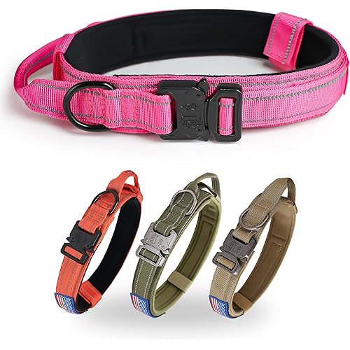 KCUCOP Tactical Dog Collar with Handle,Adjustable Military Dog Collar with Metal Buckle and Patches,Heavy Duty Dog Collars for Medium and Large Dogs (Pink-L-Reflective)