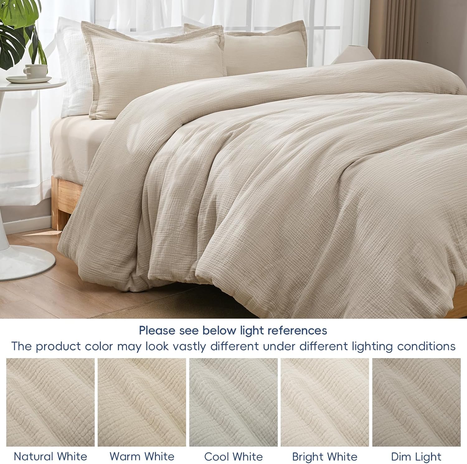 David's Home Cotton Muslin Comforter Set King Size, Soft Lightweight Breathable Cozy Skin-Friendly, 3PCS Linen Like Gauze Bedding with Pillow Shams, Aesthetics Home Decor & Giftable, Natural - Image 6