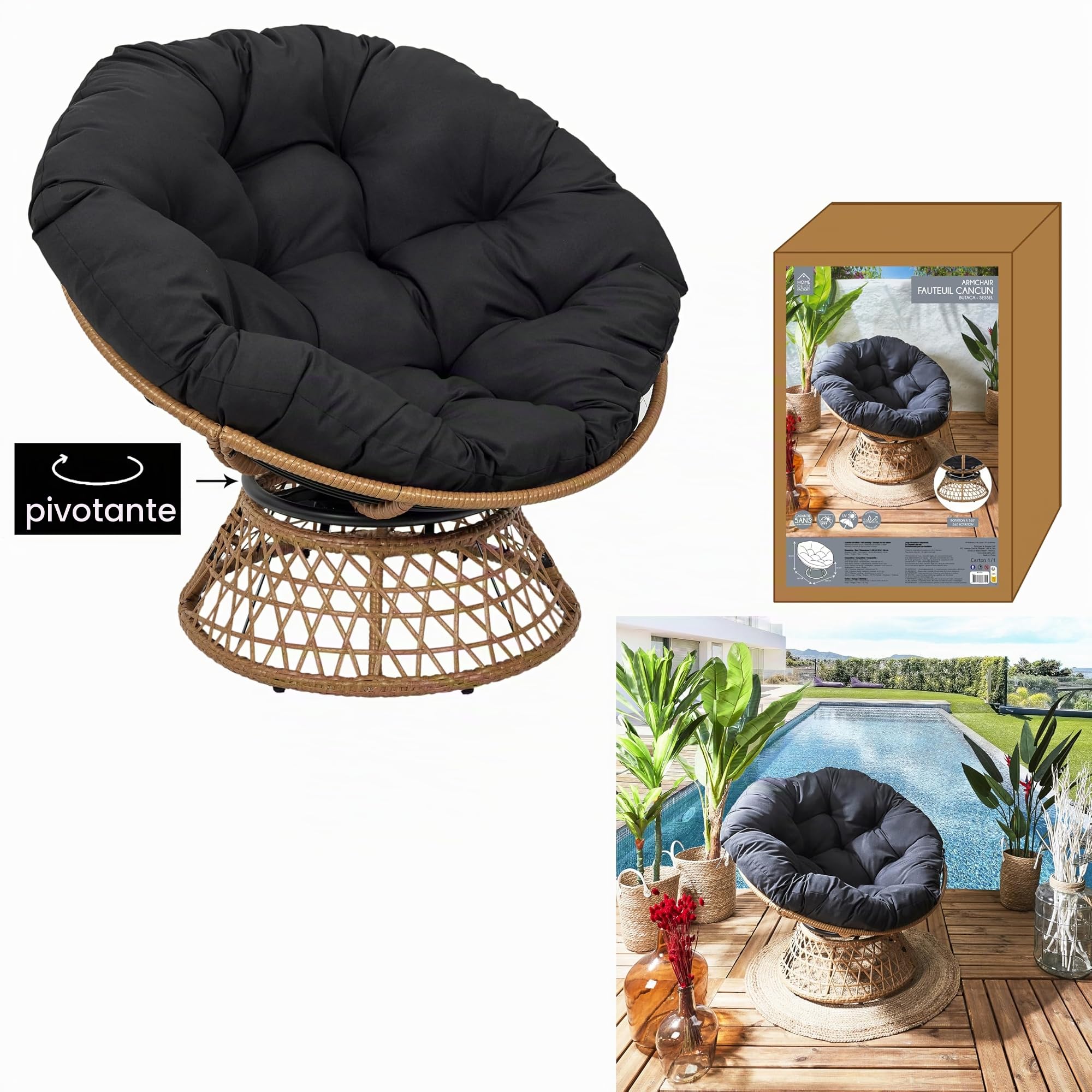 HOME DECO FACTORY, Poltrona girevole per esterni, sedia Relax rotonda, 1 posto girevole a 360°, cuscino spesso grande comfort incluso, mobili da giardino per amenagement balcone, terrazza salotto da