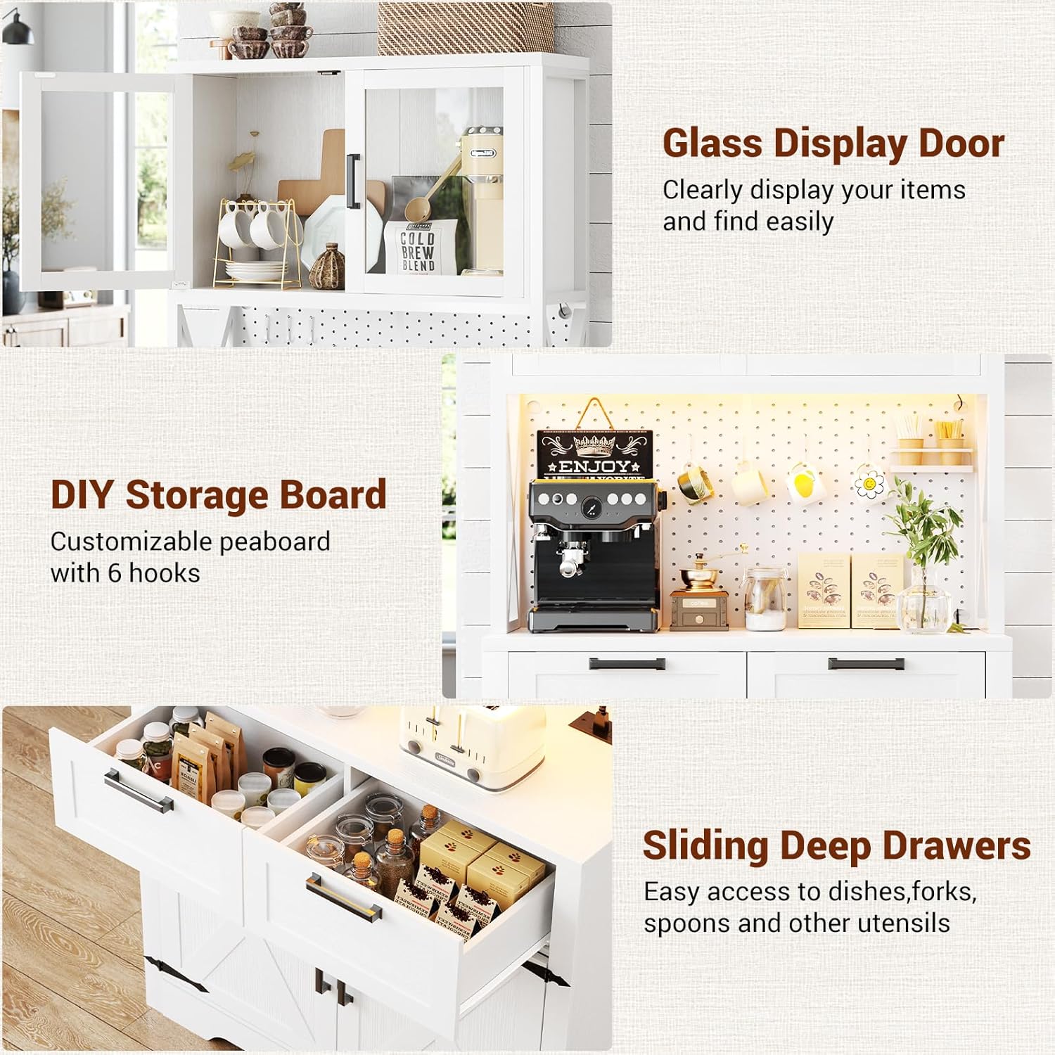 Unikito 71" Pantry Cabinet with LED Light & Outlet, Tall Kitchen Pantry Storage Cabinet with Microwave Stand, DIY Pegboard, Drawers and Adjustable Shelf, Farmhouse Kitchen Hutch for Dining Room