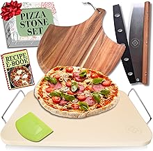 Pizza Stone for Oven and Grill Set - 5PCS Pizza Making Accessories Kit - 15 inch Pizza Stone with Handles, Pizza Peel, Pizza Cutter, Dough Tool - Baking Stone for Bread - Large Rectangular Oven Stones
