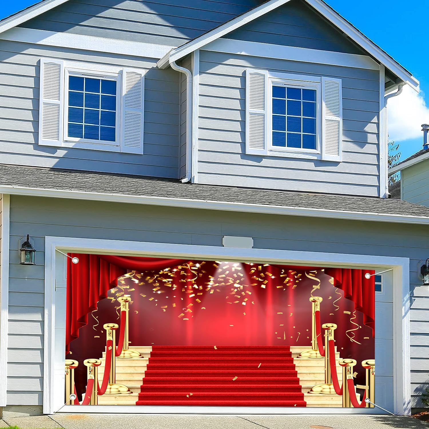 16 x 7 ftRed Carpet Garage Door Decorations, Red Curtain Staircase Movie Star Garage Outdoor Decoration, Movie Night Golden Glitter Event Outdoor Party Supplies with Rope
