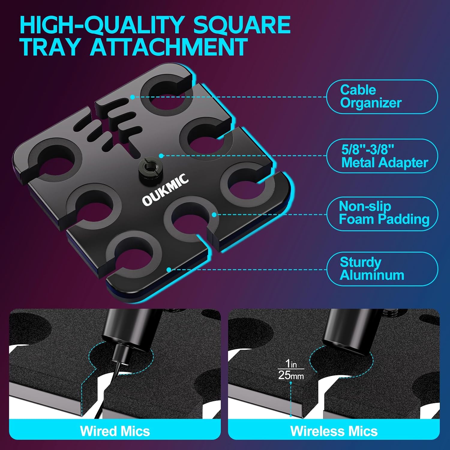 Multi Microphone Holder with Desktop Mic Stand, Square Tray with Cable Slots Holds Up to 7 Mics, Wired and Wireless Mic Holder for Stage Organizer and Display-7 Anti-roll Rings Included