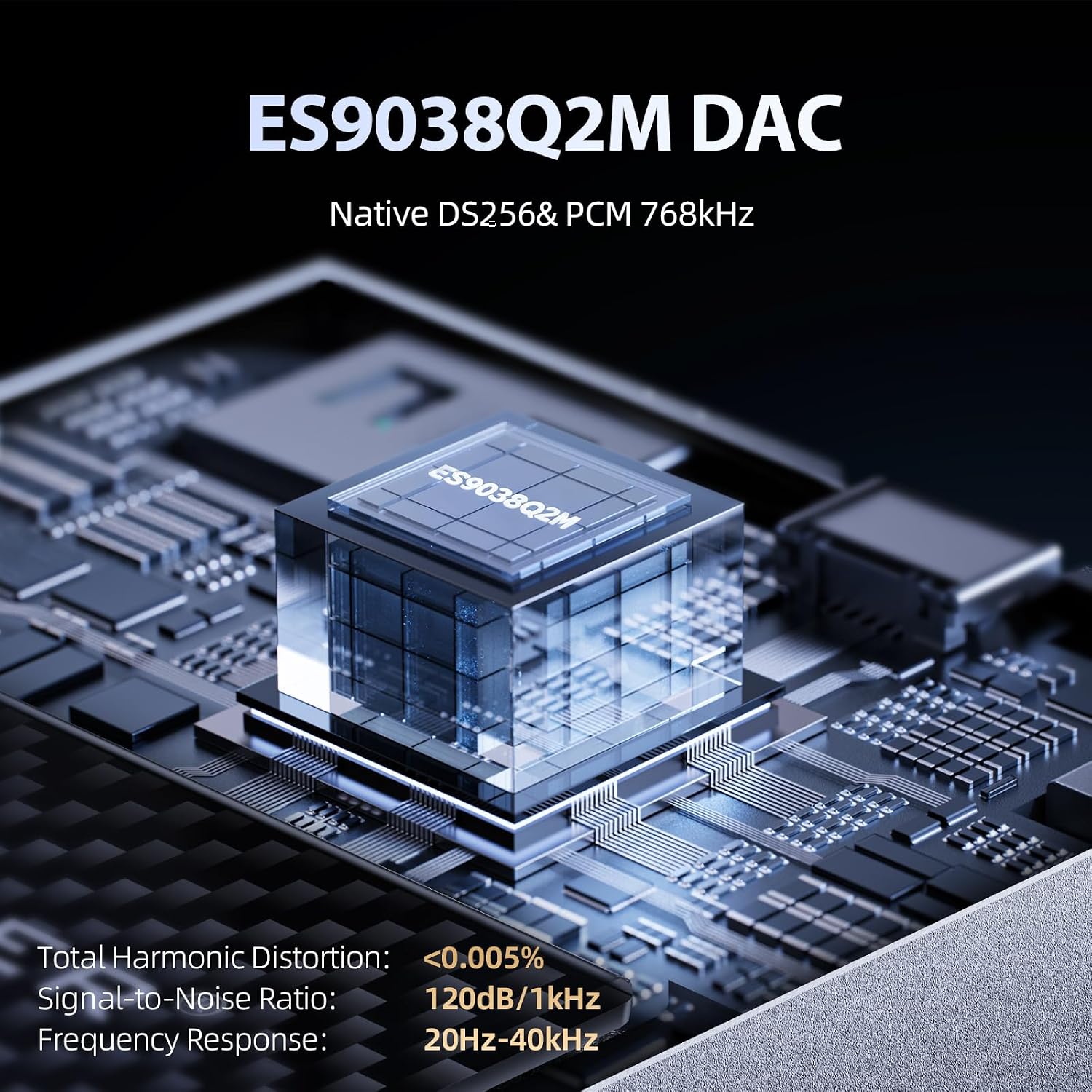 Diagram illustrating the ES9038Q2M DAC chip within the HIFI WALKER H20 Ultra, detailing its specifications like Total Harmonic Distortion, Signal-to-Noise Ratio, and Frequency Response.