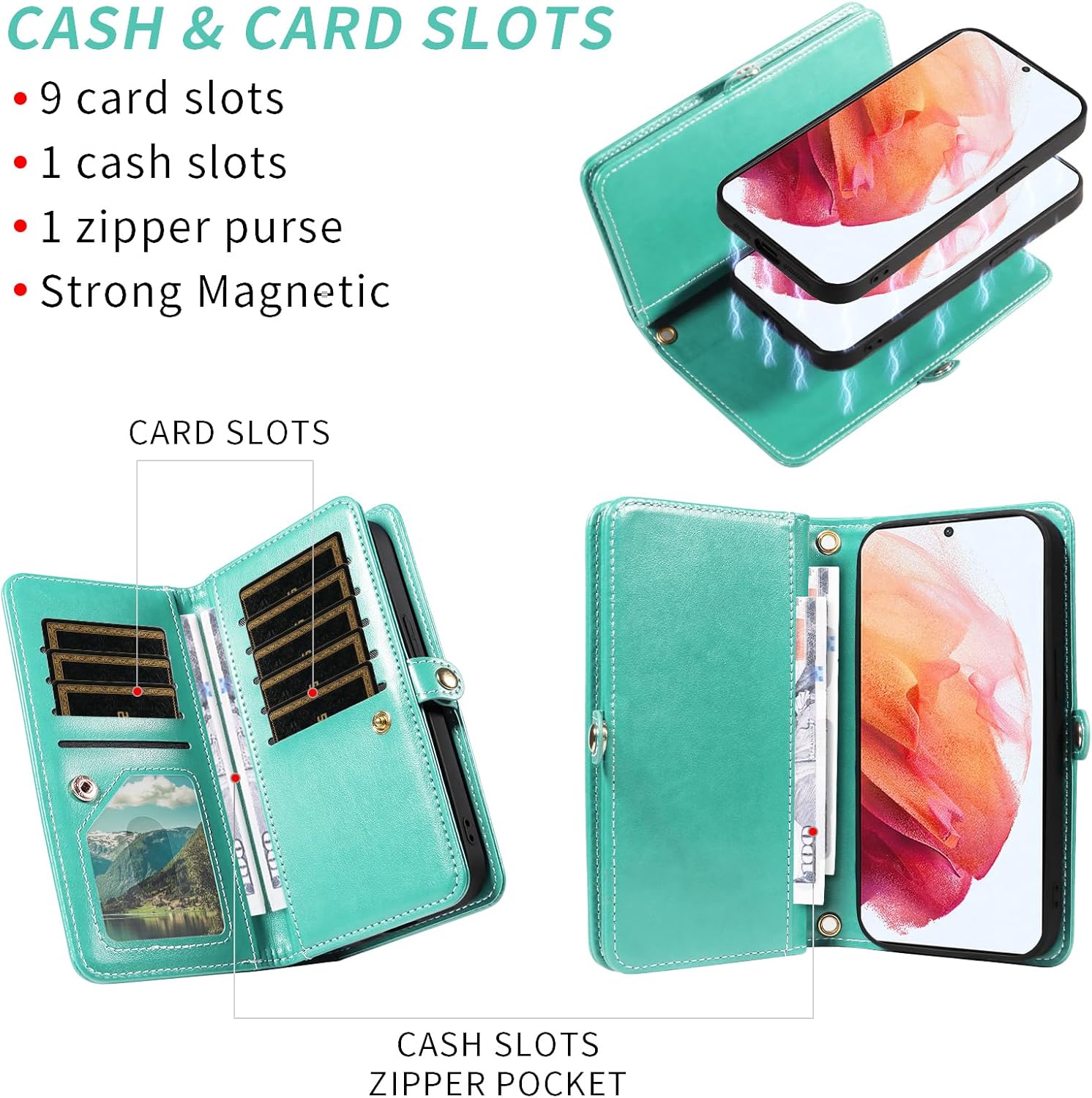 Asuwish Phone Case for Samsung Galaxy S21 5G 6.2 inch Zipper Wallet Detachable Cell Cover with Tempered Glass Screen Protector Wrist Strap Mandala Flower Credit Card Holder S 21 21S G5 Women Men Green
