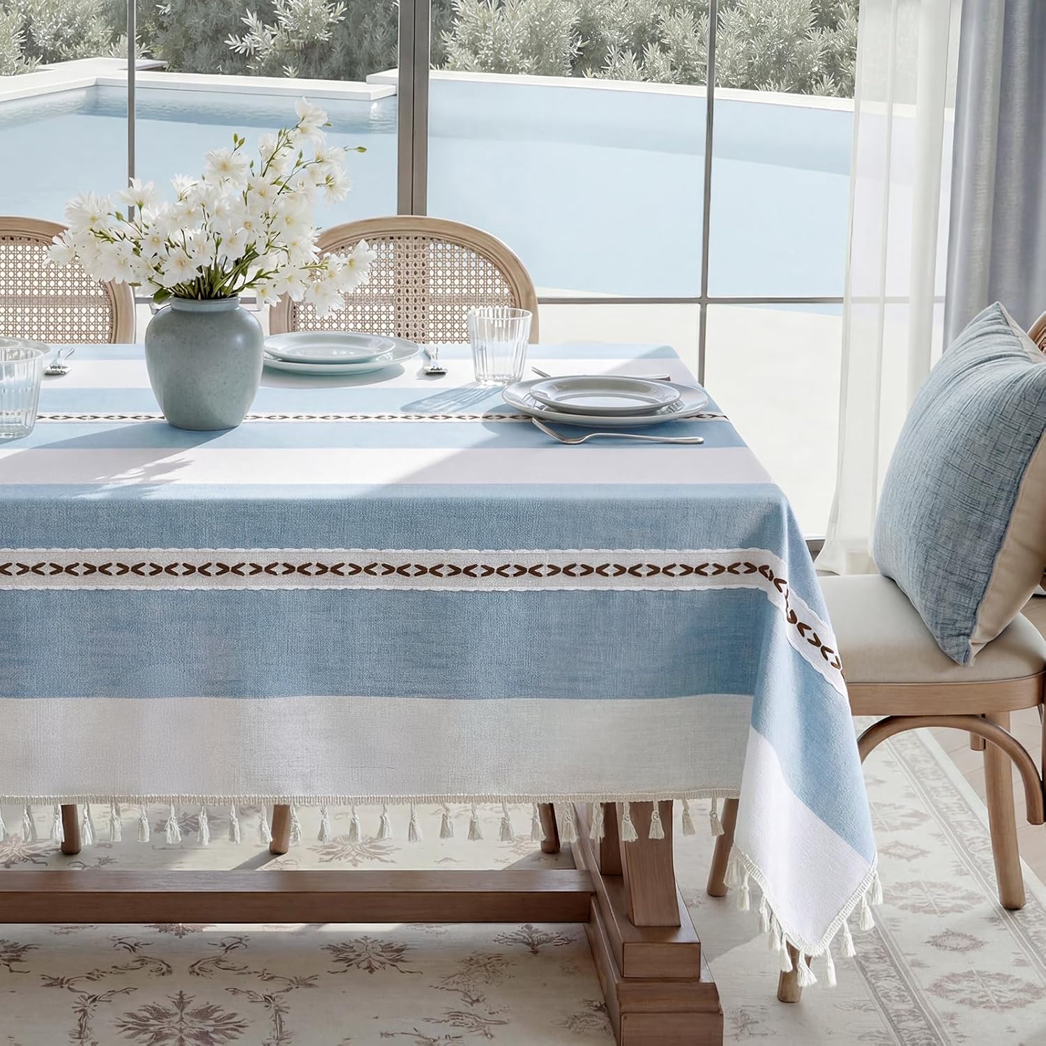 HOMEIDEAS Tablecloth Rectangle, Farmhouse Table Cloth with Tassel, Coastal Boho Tablecloth for Dining Party Outdoor Waterproof - 55 x 102 Inch, Blue