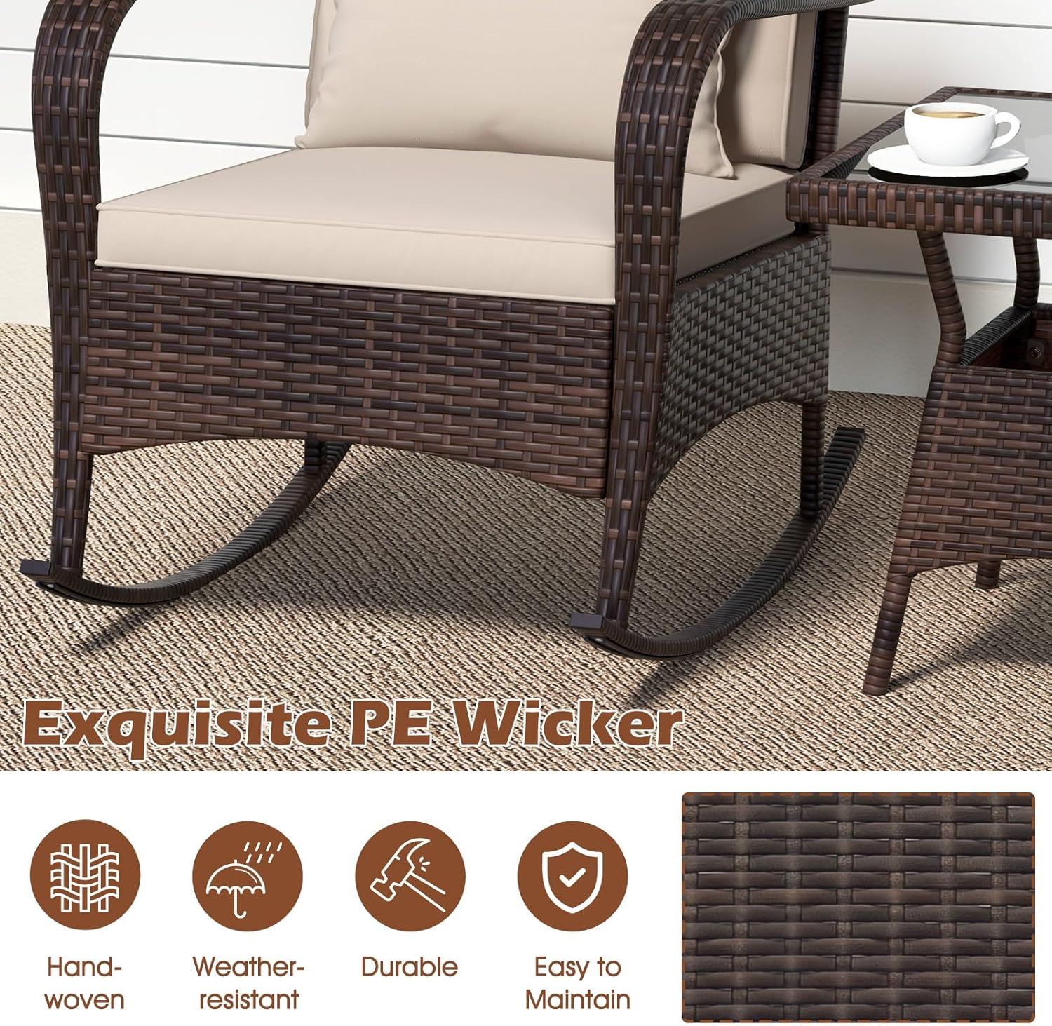ORALNER 3 Pieces Patio Furniture Set, Outdoor Wicker Rocking Chairs with Cushions, Pillows, Glass Coffee Table, Rattan Bistro Rocker Set for Balcony Front Porch Poolside Garden Deck Yard (Beige)