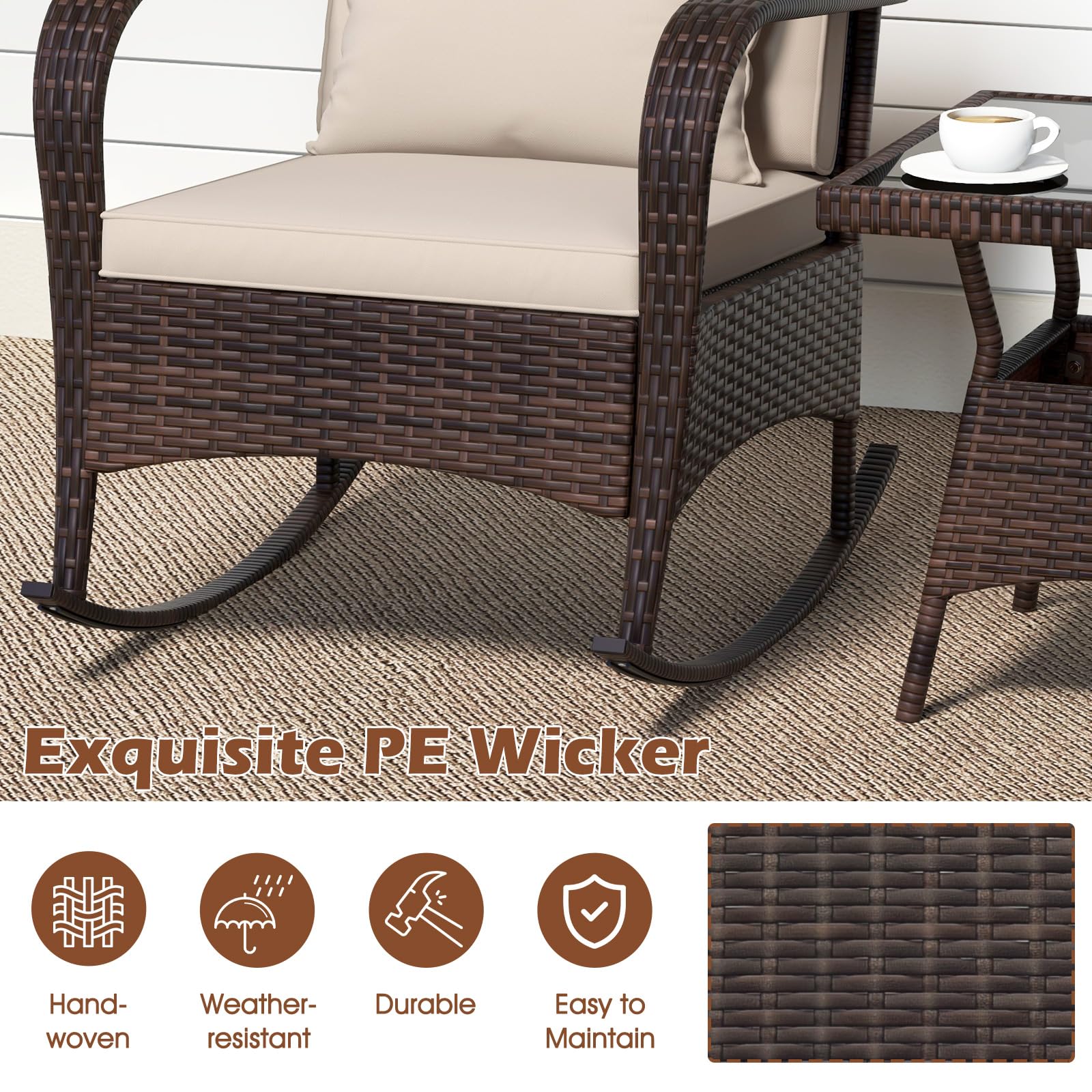 GIANTEX Juego de Mecedoras de Jardín de 3 Piezas, Conjunto de Muebles de Ratán PE con Mesa de Vidrio Templado, 2 Sillas Mecedroras y Cojines, Juego de Conversación Exterior para Terraza Patio Piscina