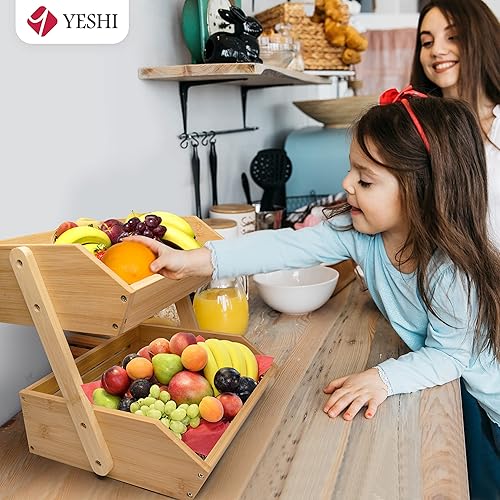 Miniatura 2 de YESHI Cesta de frutas de bambú para encimera de cocina, soporte de frutas de 2 niveles de 11 pulgadas de alto para almacenamiento de frutas y