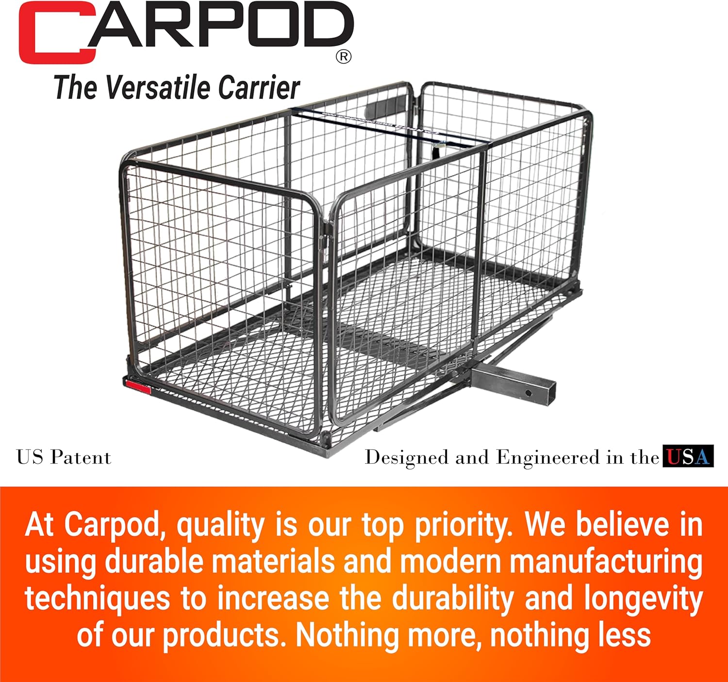 Carpod Cargo Carrier Hitch Basket, Cargo Volume 14 cu ft, Weight Capacity 450 lb. Durable/Reliable One-Piece Welded Galvanized Frames Folds Flat For Easy Storage, Assembles In 5 Minutes, True 2” Shank