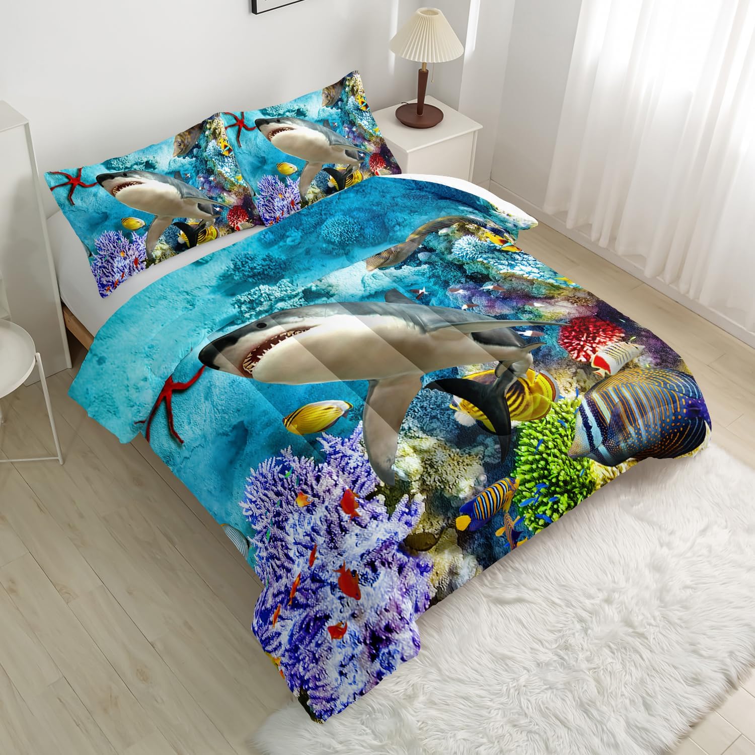 CVHOUSE Shark Comforter Twin Size, Ocean Sea Shark Bedding Set with 1 Comforter and 2 Pillow Cases