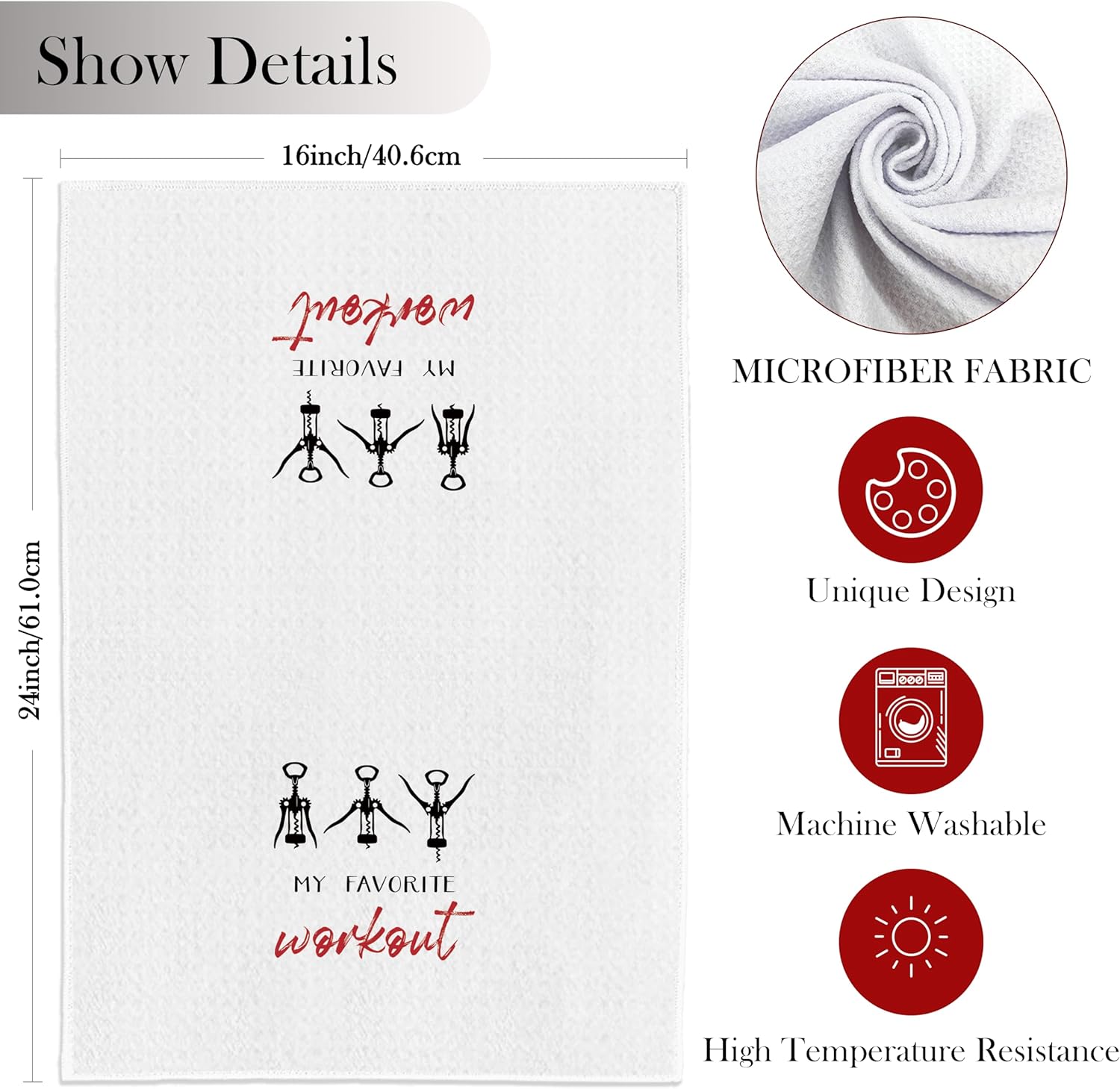 Funny Wine Kitchen Towels, Funny Hand Dish Tea Towels for Home Kitchen Bar Cart Decor, Bar Towel Gifts for Bartenders, My Favorite Workout, 16x24 Inch - Image 7